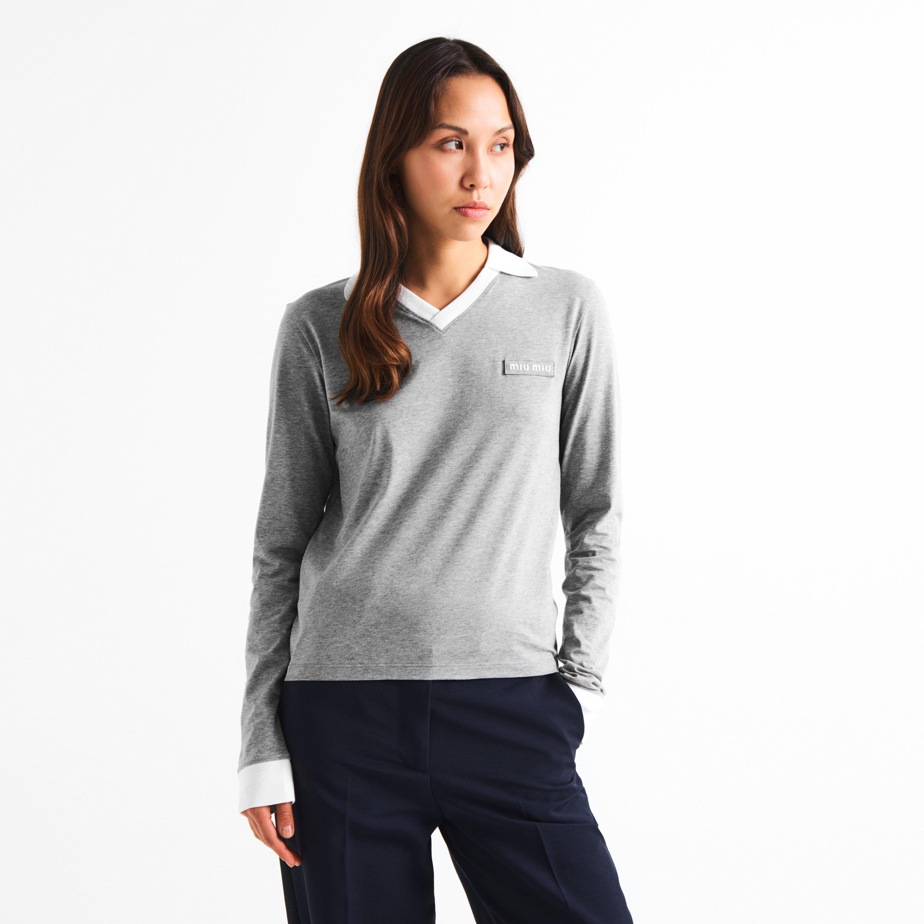 Grigio - Miu Miu - Women's Jersey Top Knitted Long Sleeve Polo Shirt - 3