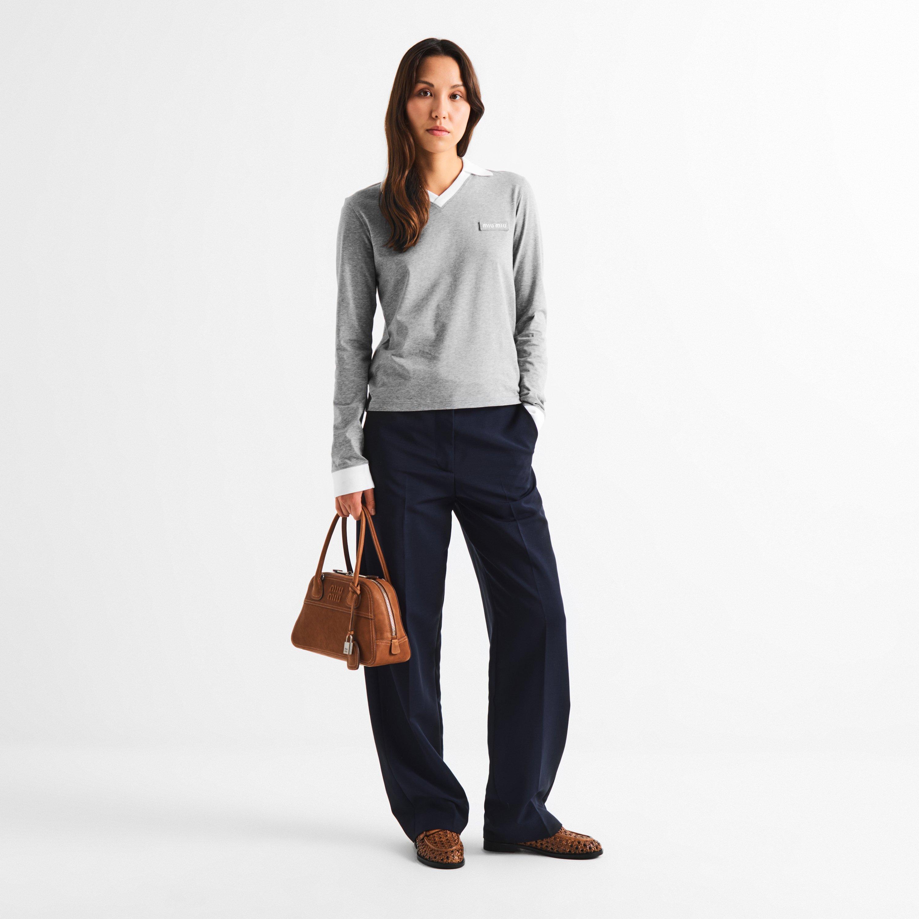 Grigio - Miu Miu - Women's Jersey Top Knitted Long Sleeve Polo Shirt - 6