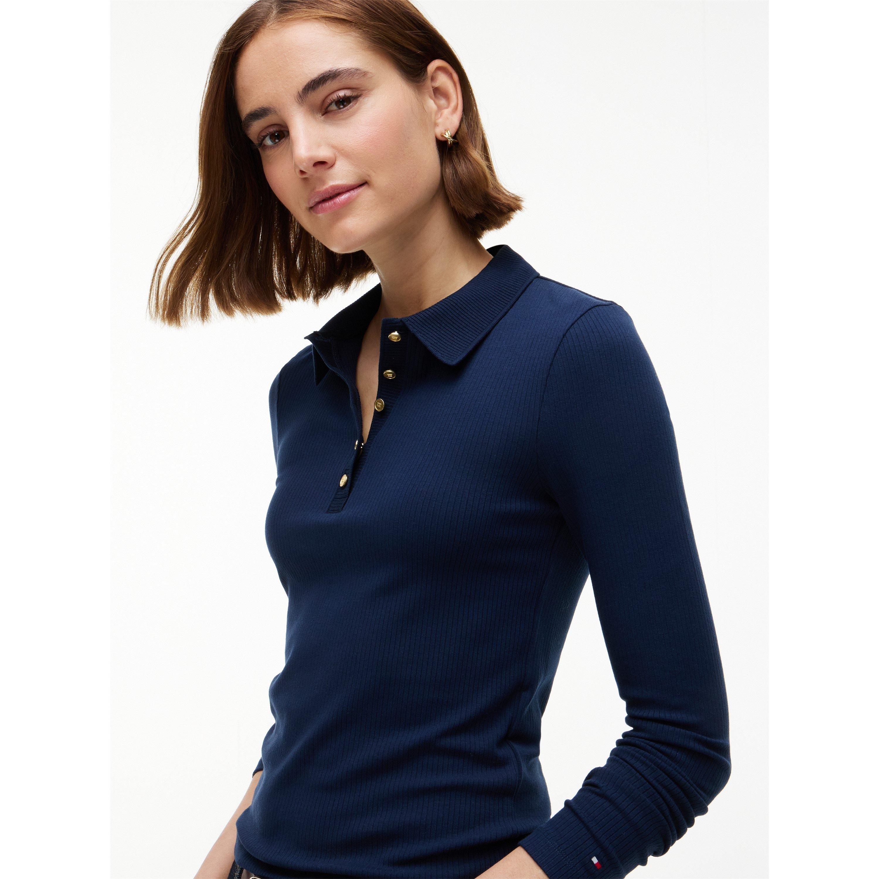 Dark Blue - Tommy Hilfiger - Women's Rib Long-Sleeve Polo Shirt - 2