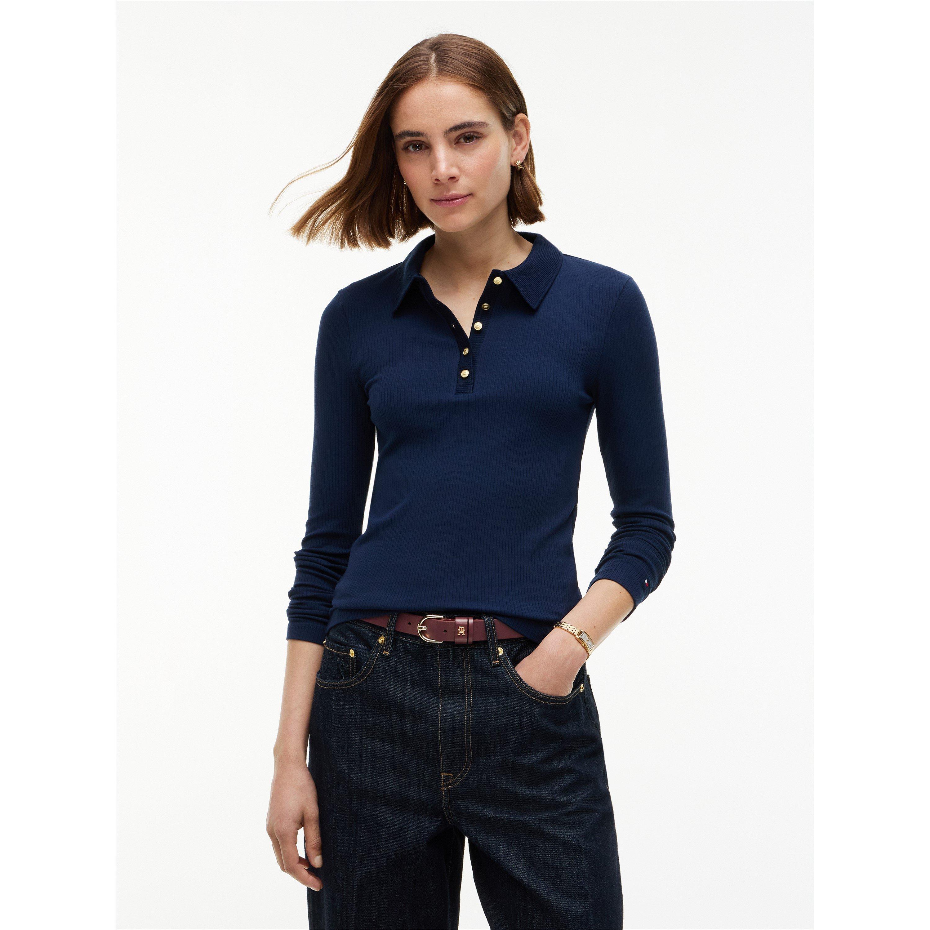 Dark Blue - Tommy Hilfiger - Women's Rib Long-Sleeve Polo Shirt - 3