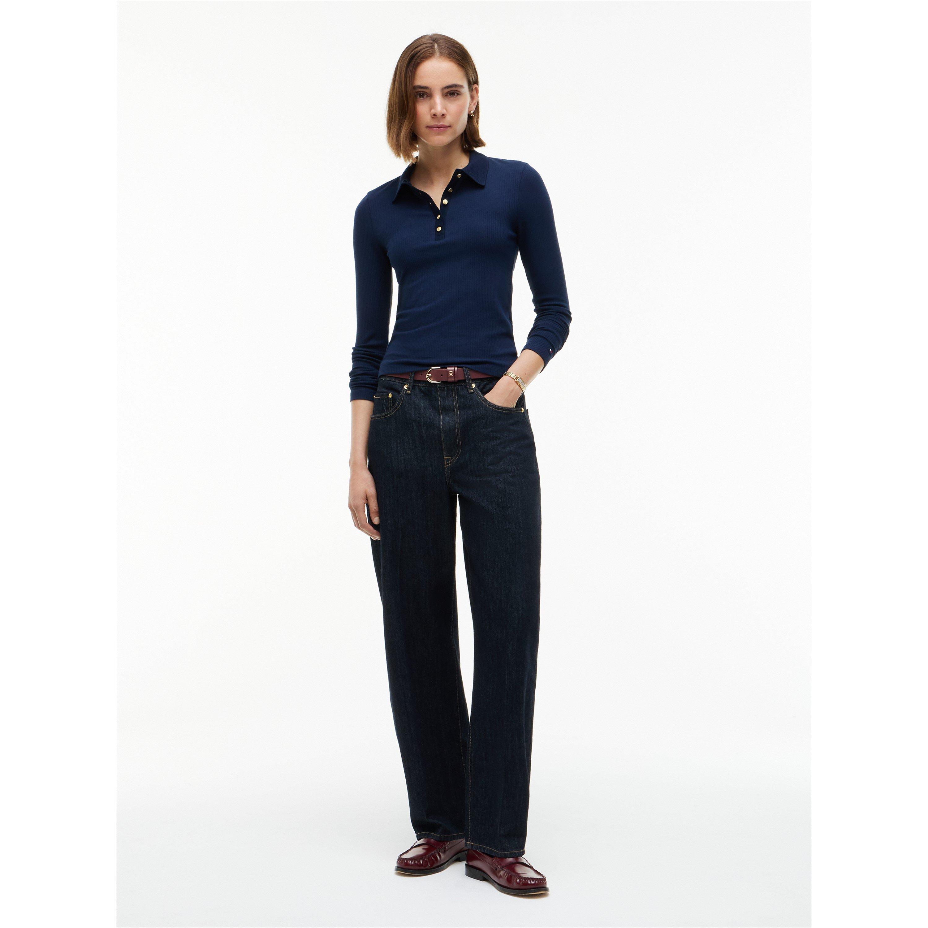 Dark Blue - Tommy Hilfiger - Women's Rib Long-Sleeve Polo Shirt - 4