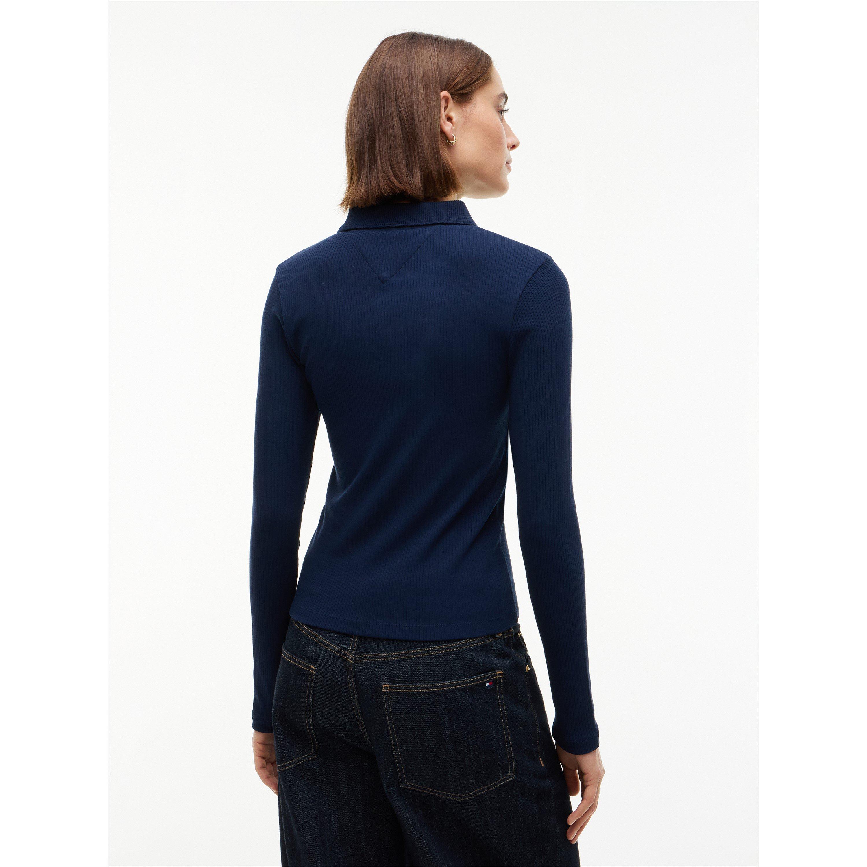 Dark Blue - Tommy Hilfiger - Women's Rib Long-Sleeve Polo Shirt - 5
