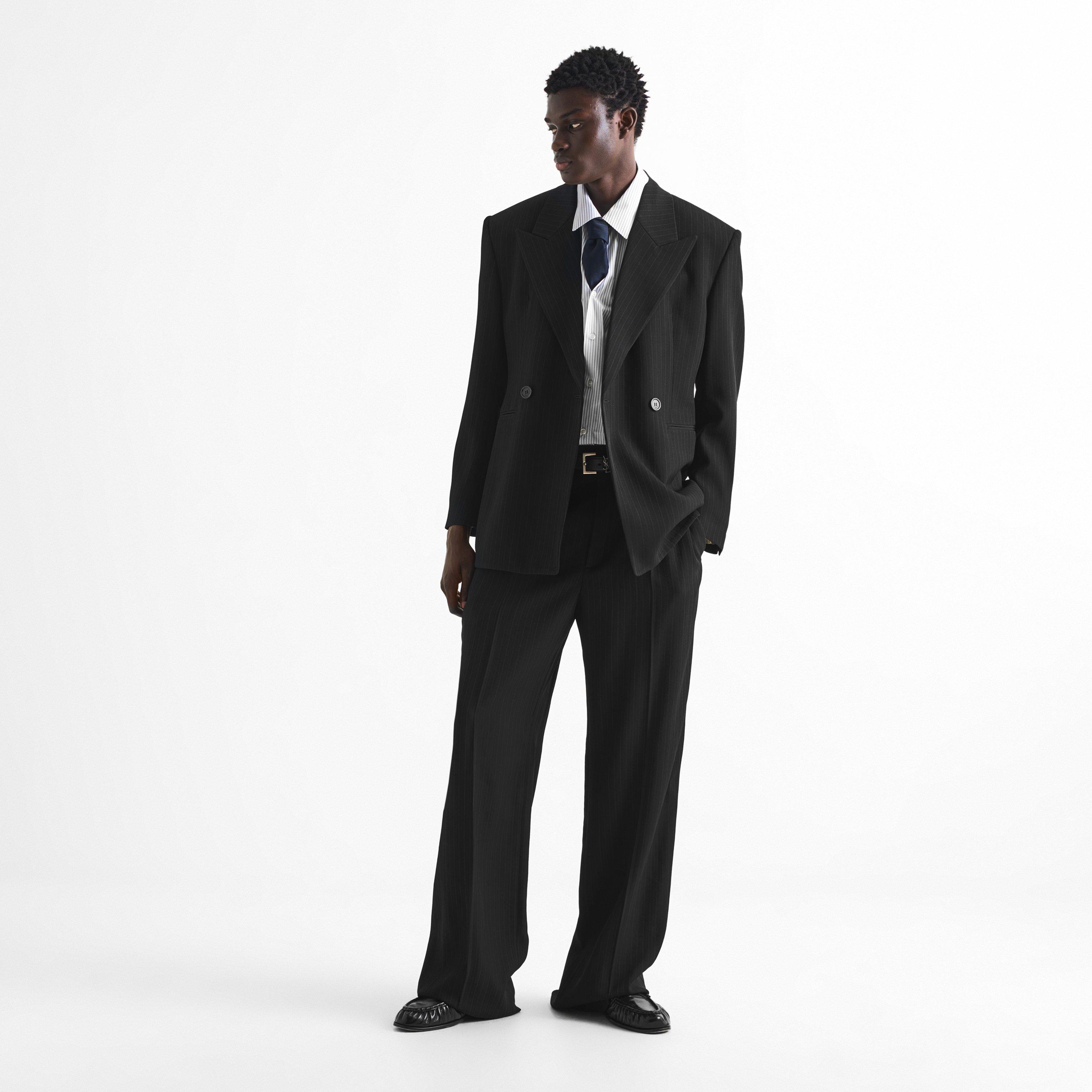 Black - Saint Laurent - Men's Show Pinstripe Mid-Rise Straight Leg Trousers - 6