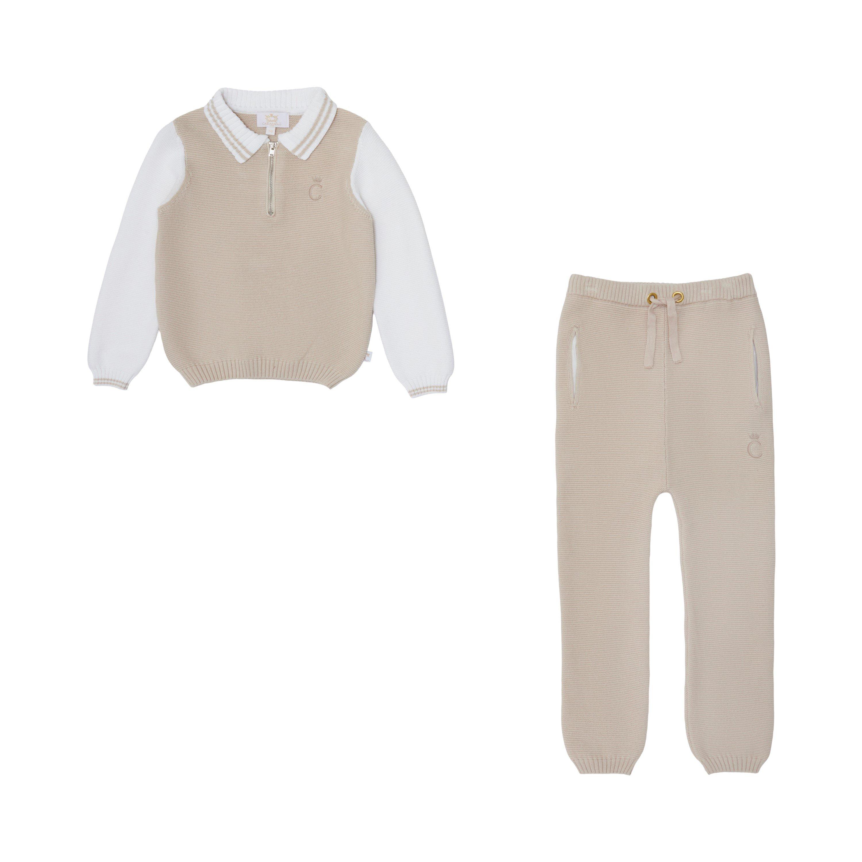 Wht/Beige - Caramelo Kids - Knitted Zipped Polo Clothing Set - 1