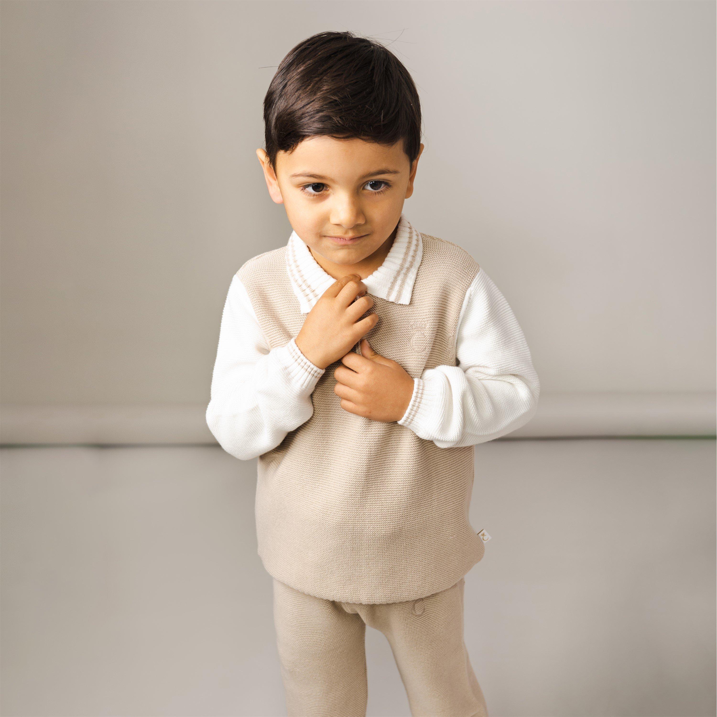 Wht/Beige - Caramelo Kids - Kids' Knitted Zipped Polo Clothing Set - 2