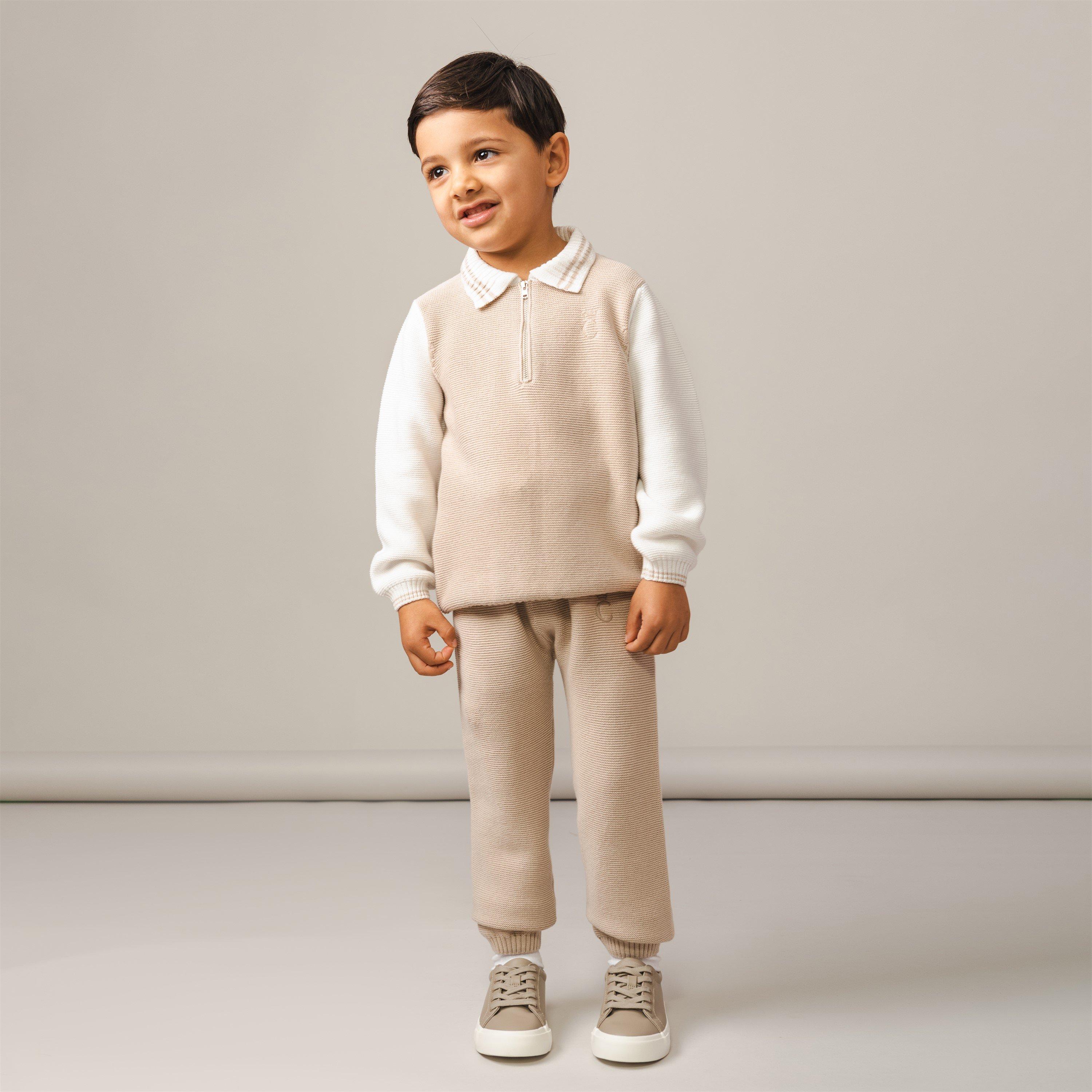 Wht/Beige - Caramelo Kids - Kids' Knitted Zipped Polo Clothing Set - 3