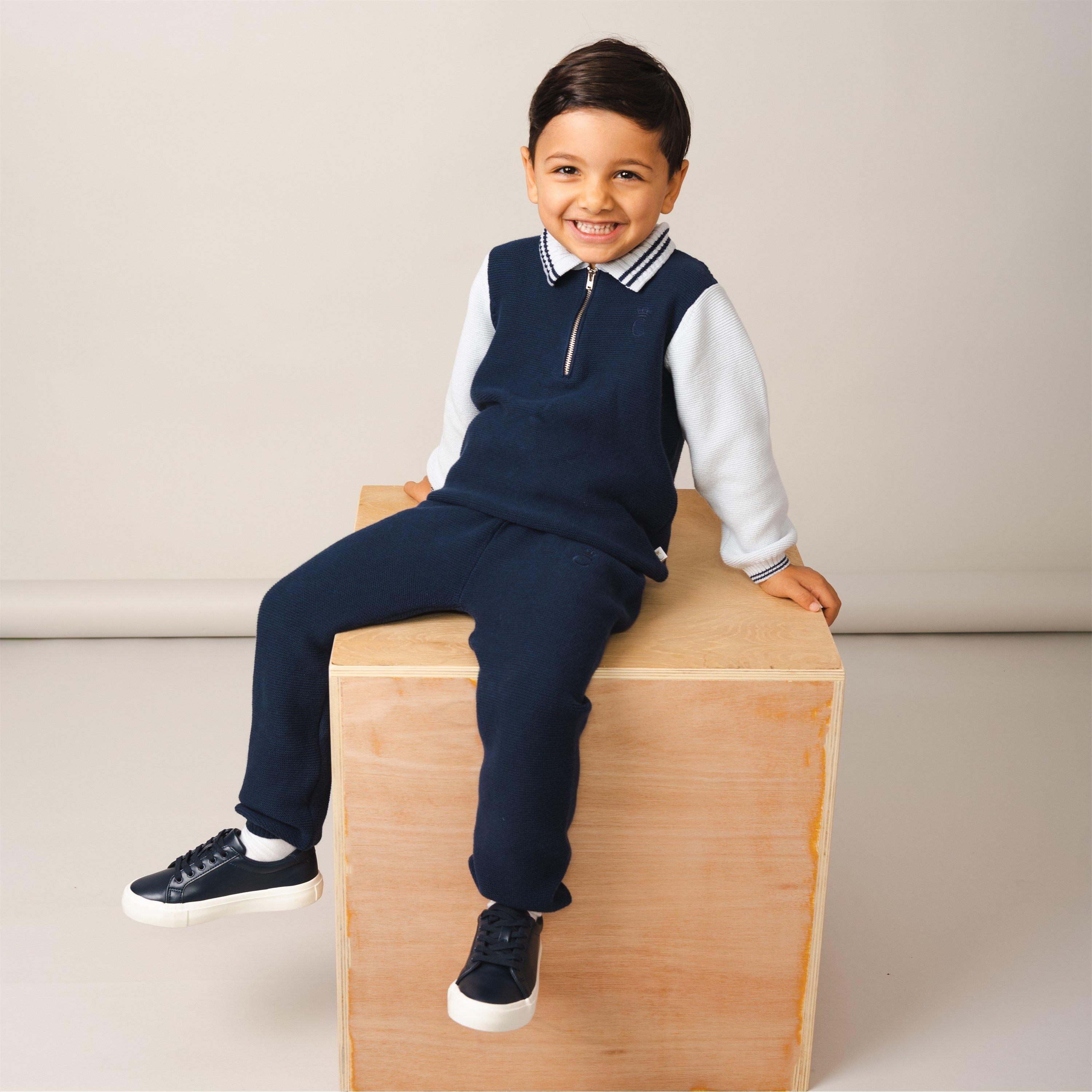 Nvy/Wht - Caramelo Kids - Knitted Zipped Polo Clothing Set - 2