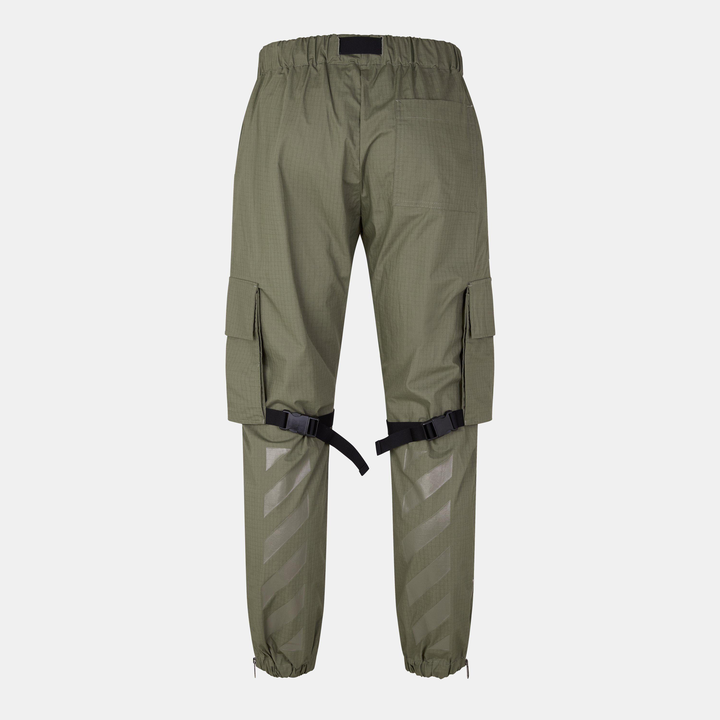 Green - Off White - Men's  Cotton Cargo Pant Trousers - 2