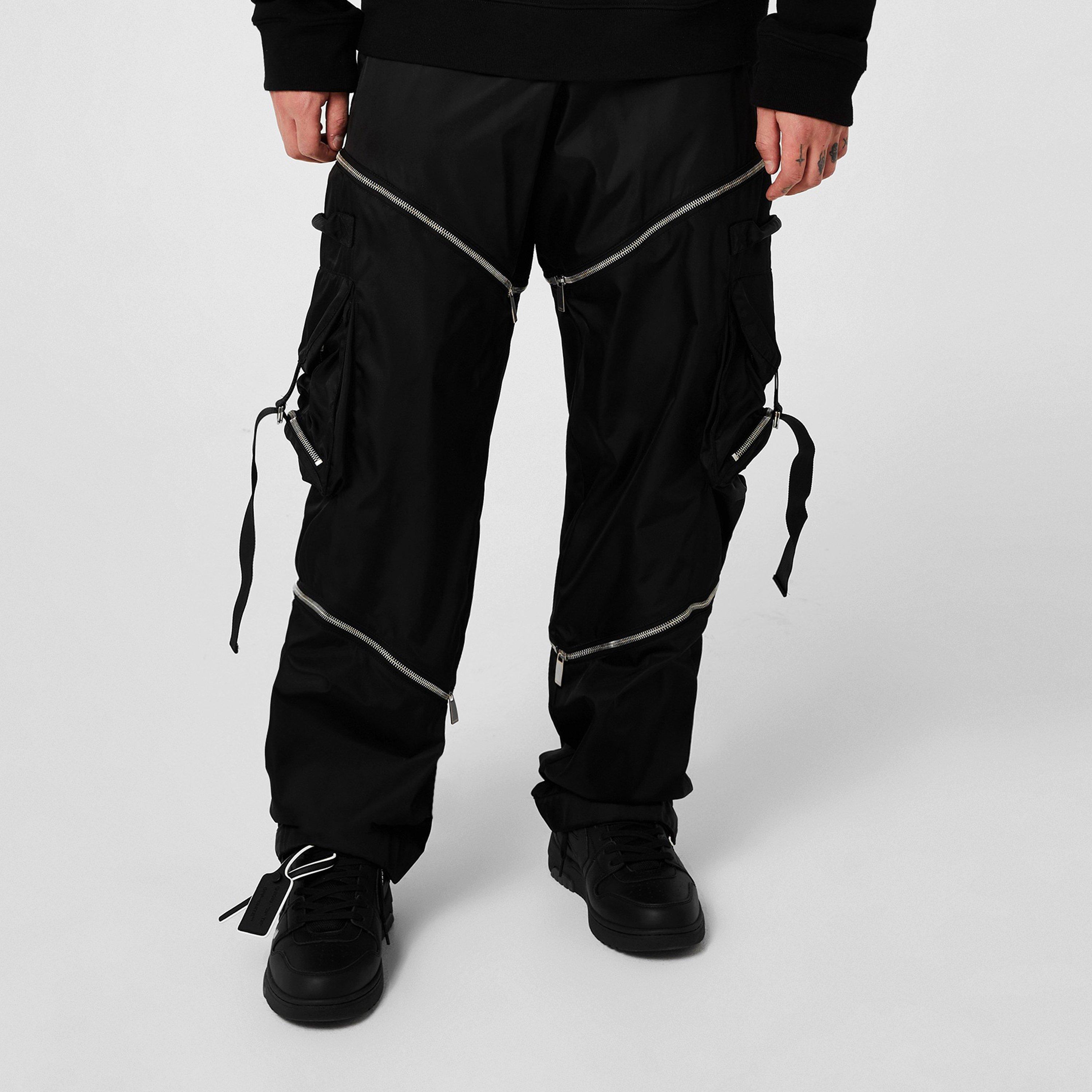 Black - Off White - Men's Zipped Cargo Trousers - 3