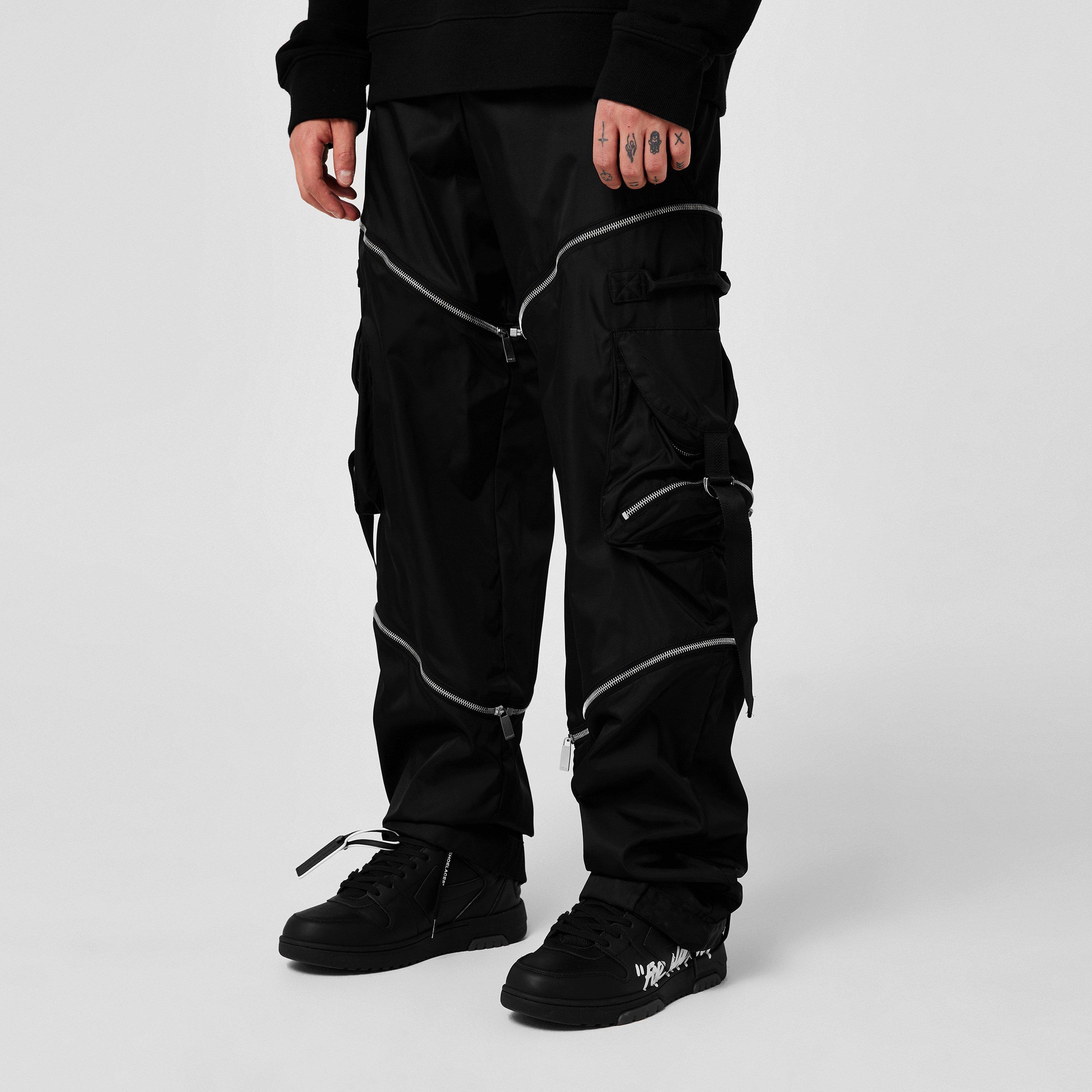 Black - Off White - Men's Zipped Cargo Trousers - 5