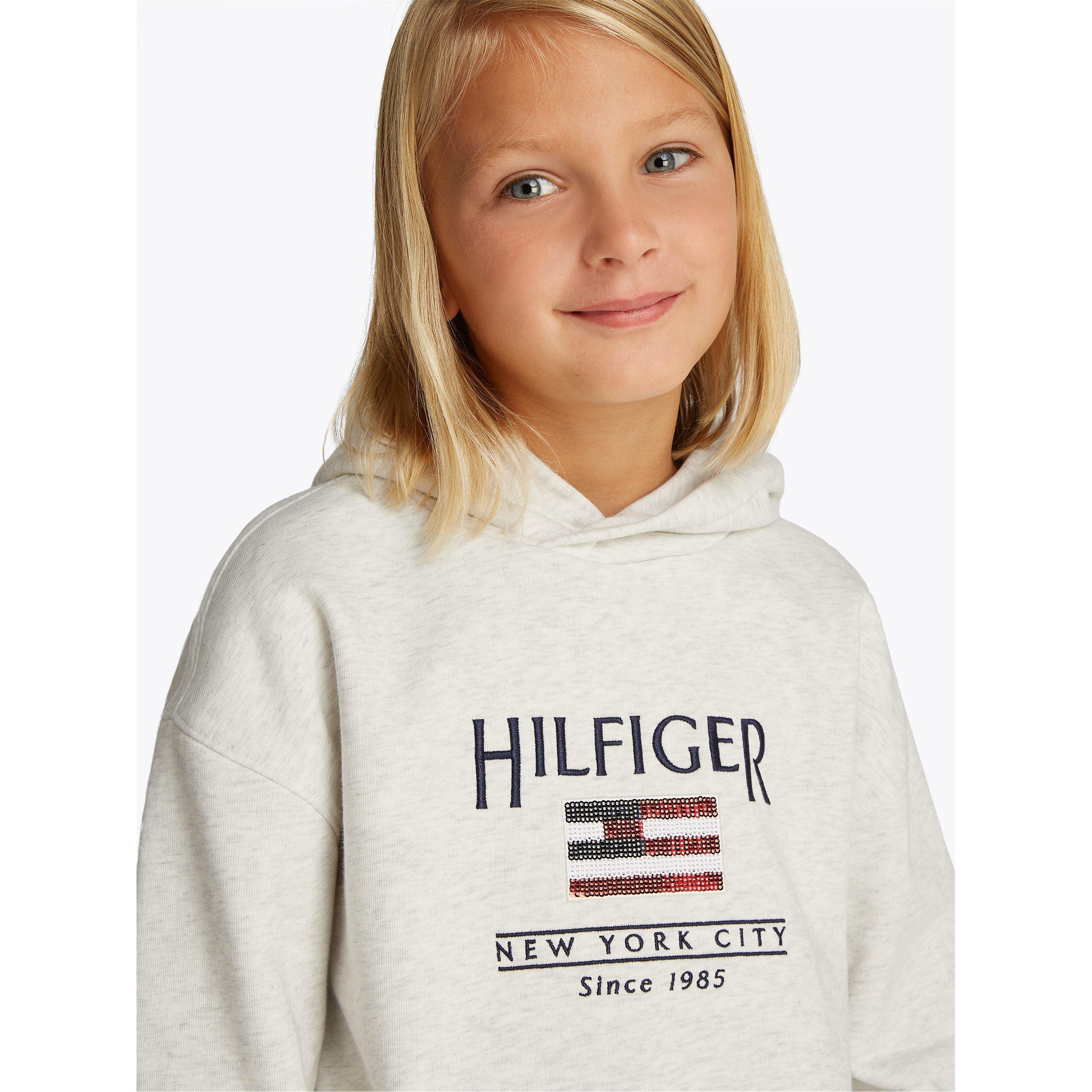 Tommy Hilfiger Girls Kids' Sequin Flag Pull Over Hoodie - Wht Heather Pmt - 8Y