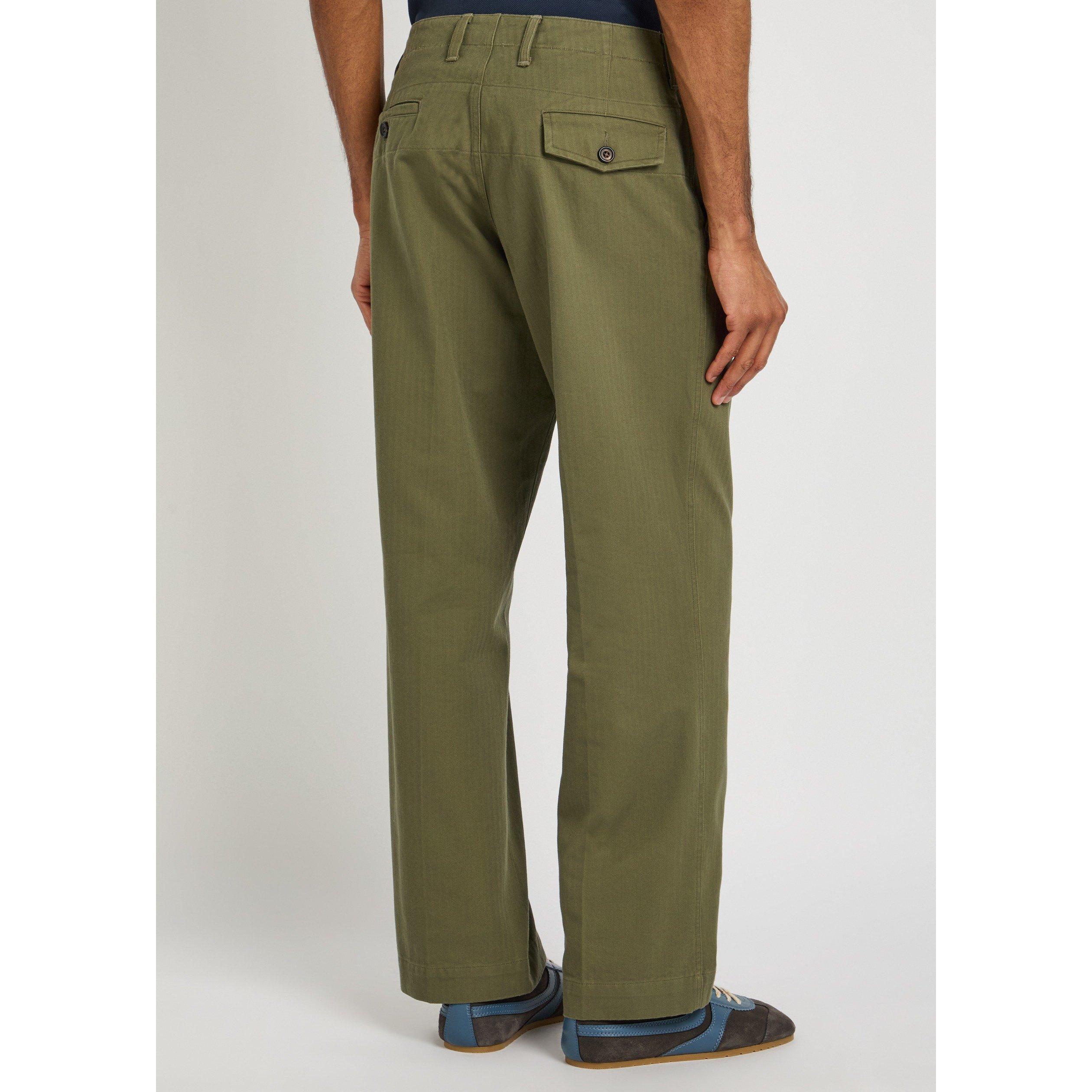 KHAKI - Drakes - Men's Cotton Herringbone Wide-Leg Chinos - 3