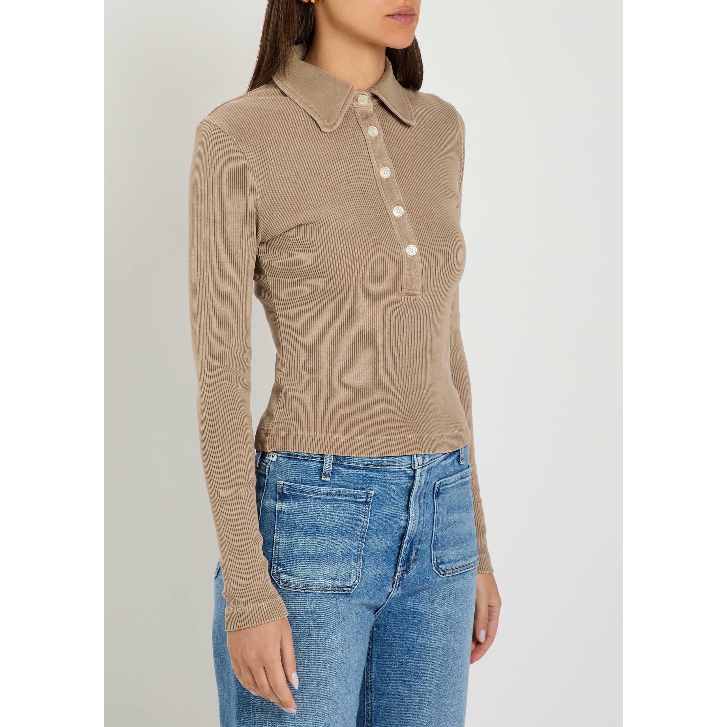 BEIGE - Citizens Of Humanity - Women's Brea 60s Cotton Slim-Fit Long-Sleeve Polo - 2