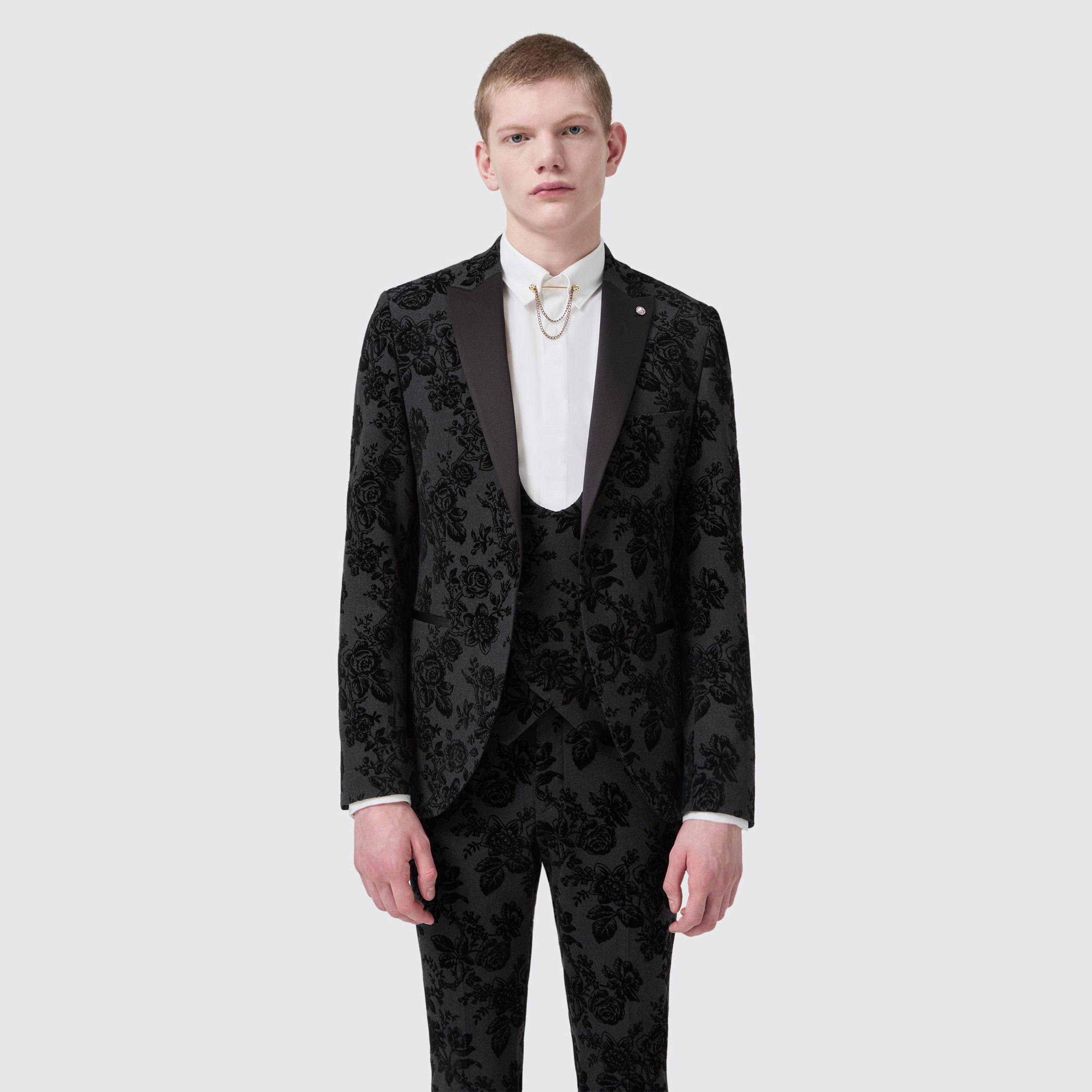 Charcoal Floral - Twisted Tailor - Fleet Skinny Fit Flocked Jacket - 3