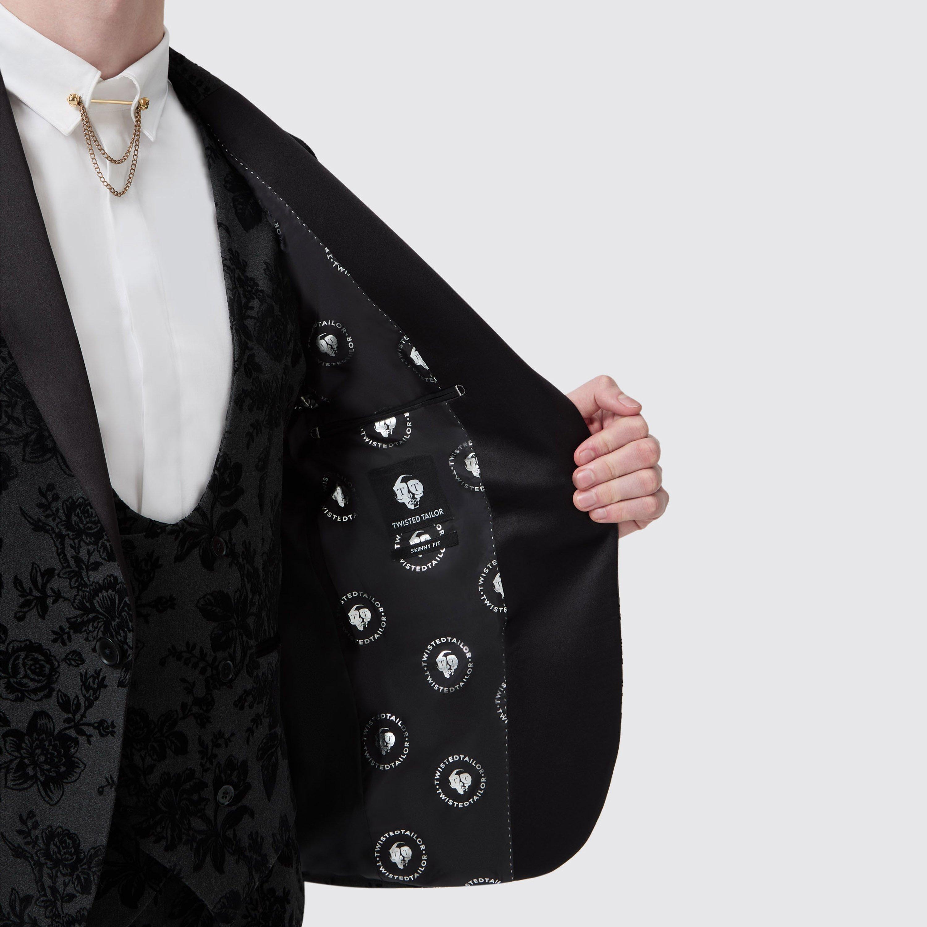 Charcoal Floral - Twisted Tailor - Fleet Skinny Fit Flocked Jacket - 5