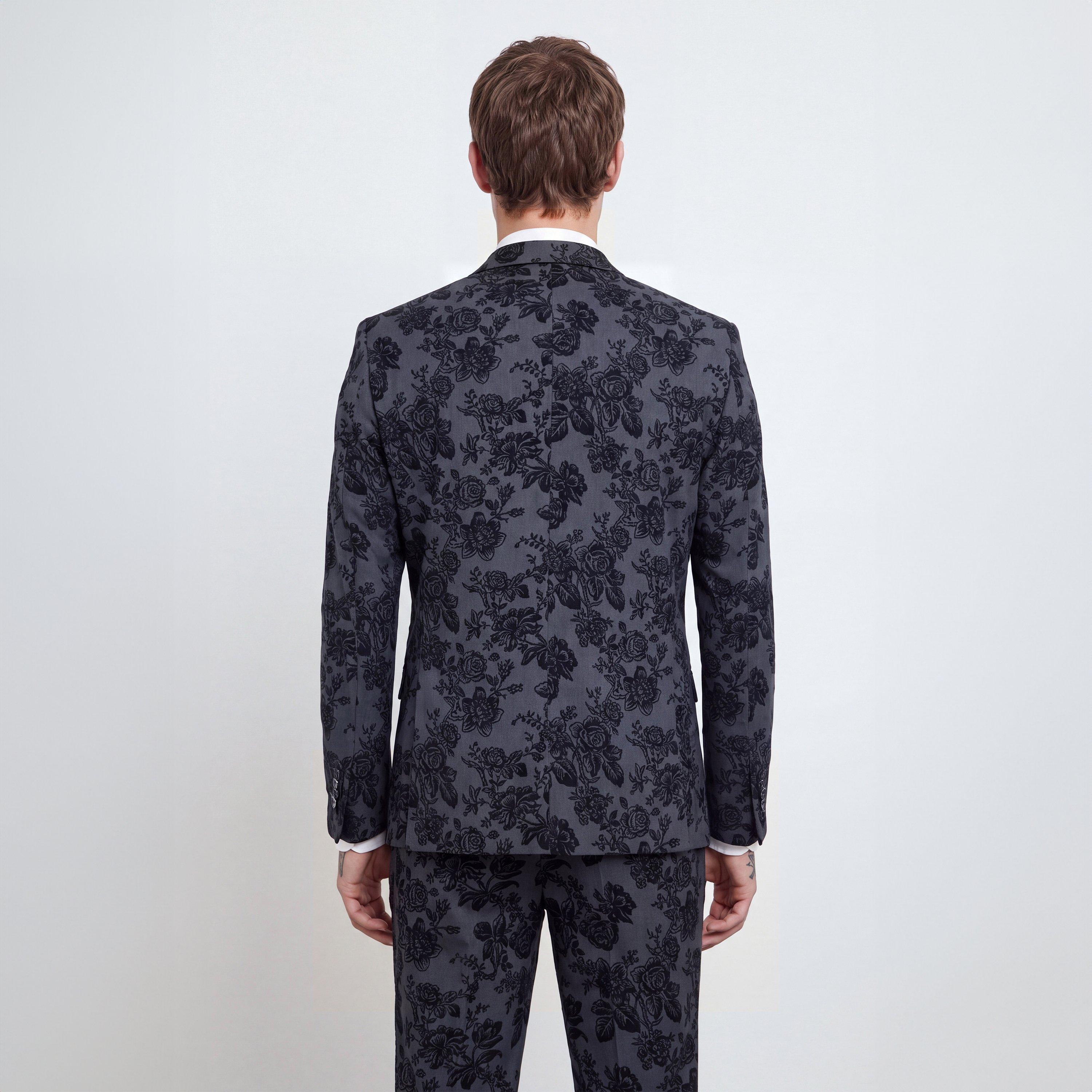 Charcoal - Twisted Tailor - Mens Fleet Skinny Wool Floral Suit Jacket - 3