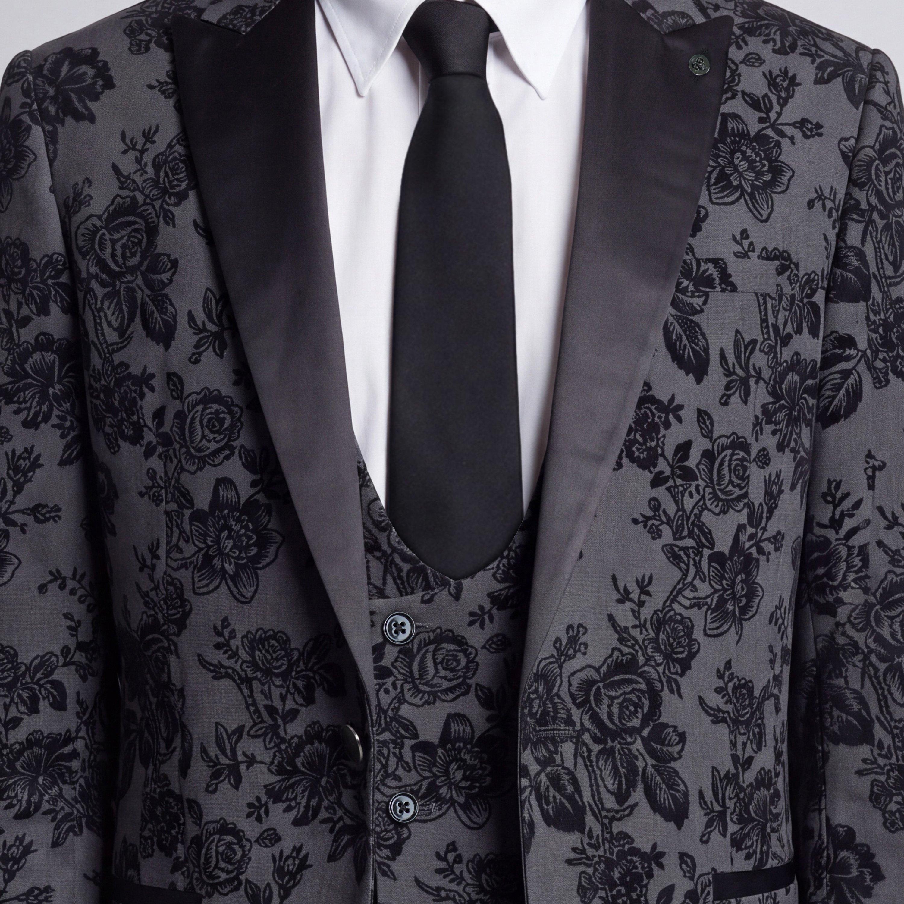 Charcoal - Twisted Tailor - Mens Fleet Skinny Wool Floral Suit Jacket - 4