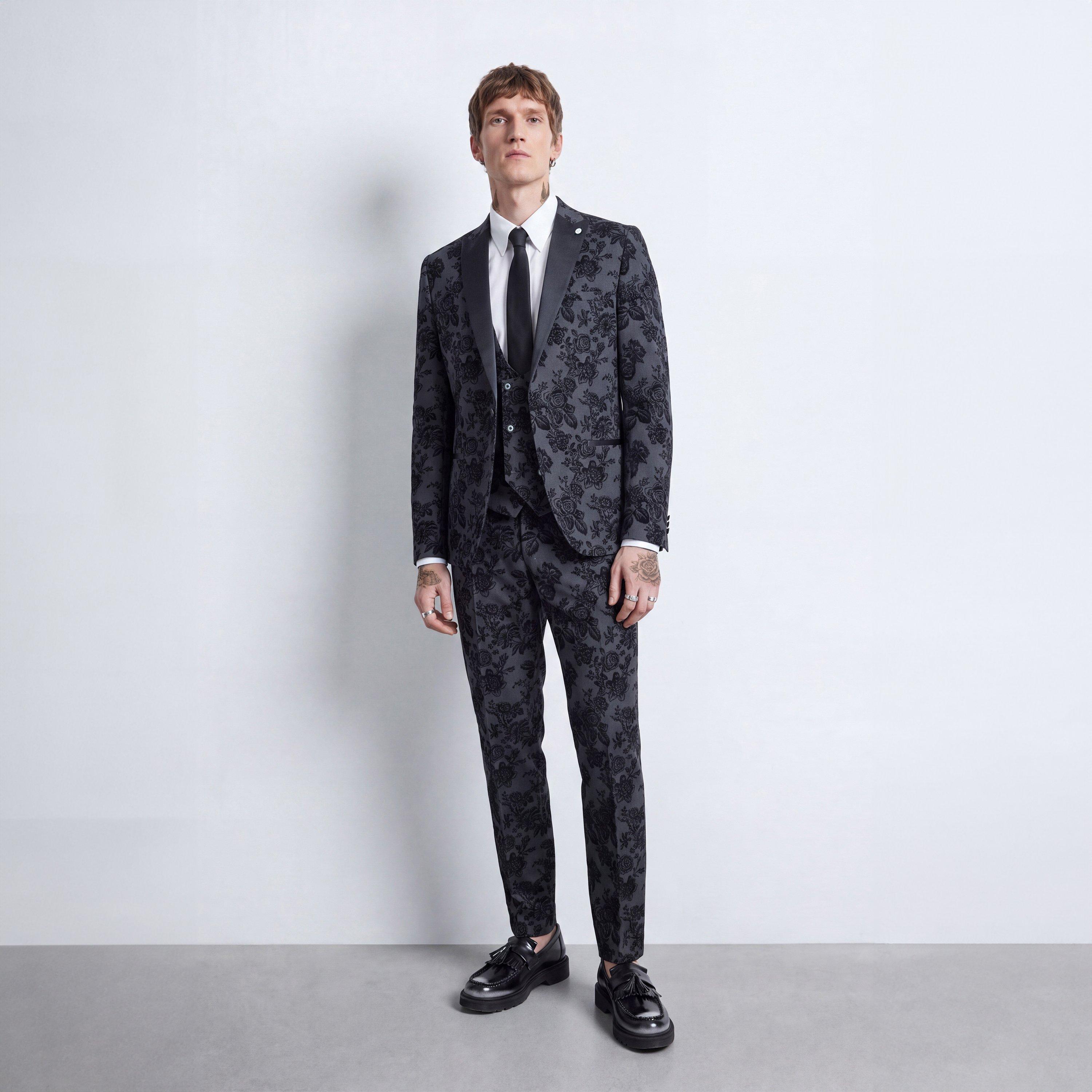 Charcoal - Twisted Tailor - Mens Fleet Skinny Wool Floral Suit Jacket - 6