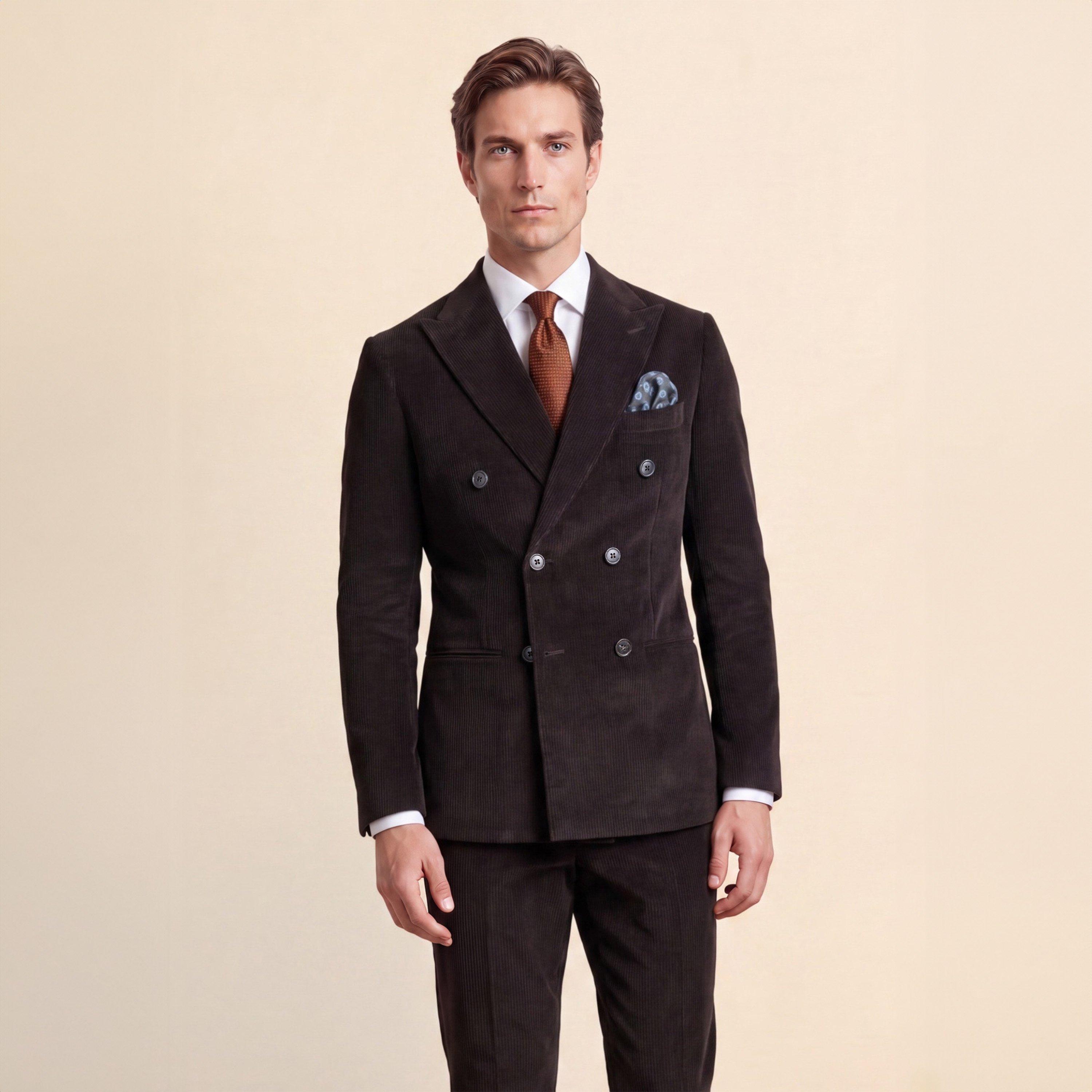 Dark Brown - Without Prejudice - Norton Double Breasted Brown Corduroy Suit Jacket - 2