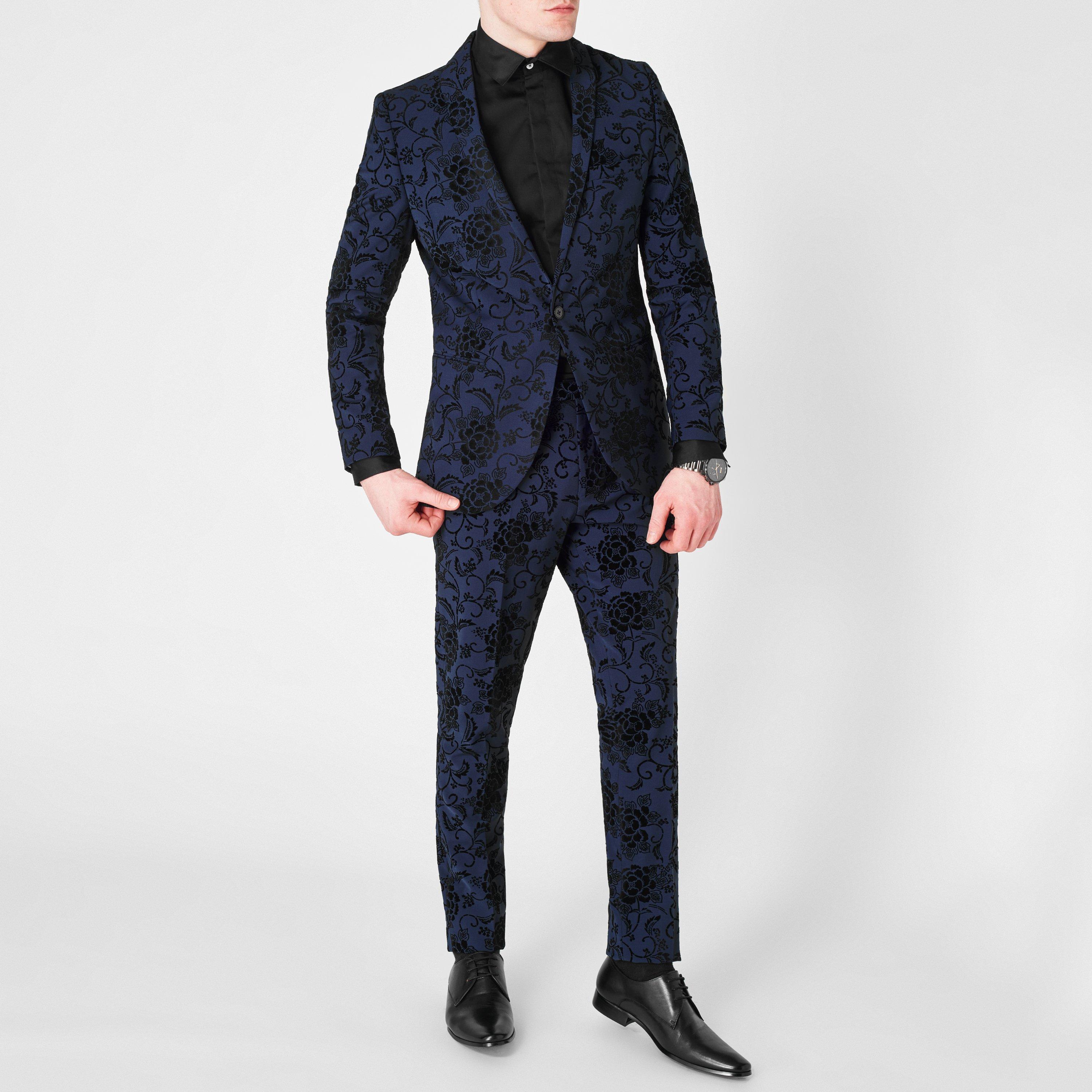 Navy - Without Prejudice - Novello Skinny Fit Flocked Suit Jacket - 3