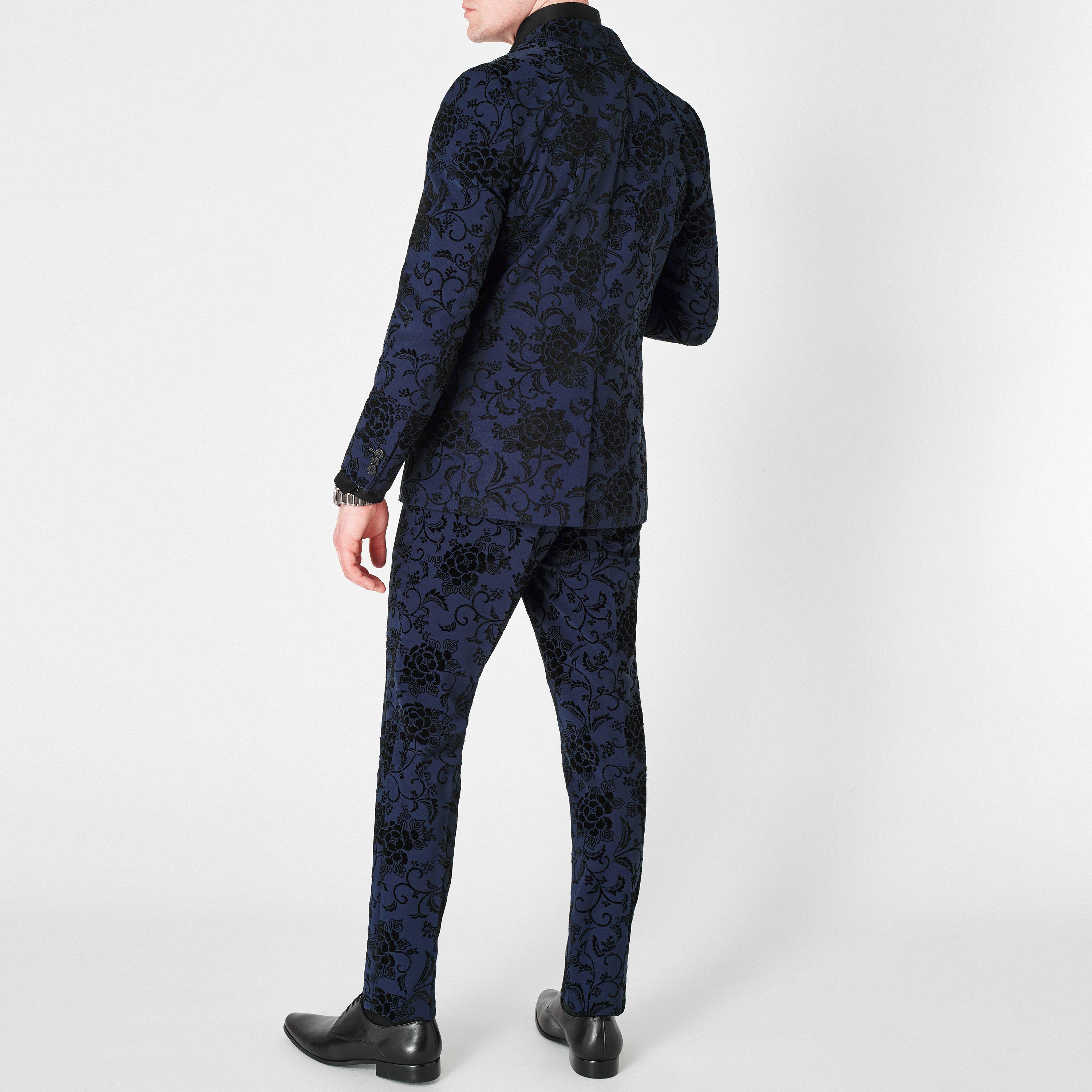 Navy - Without Prejudice - Novello Skinny Fit Flocked Suit Jacket - 4