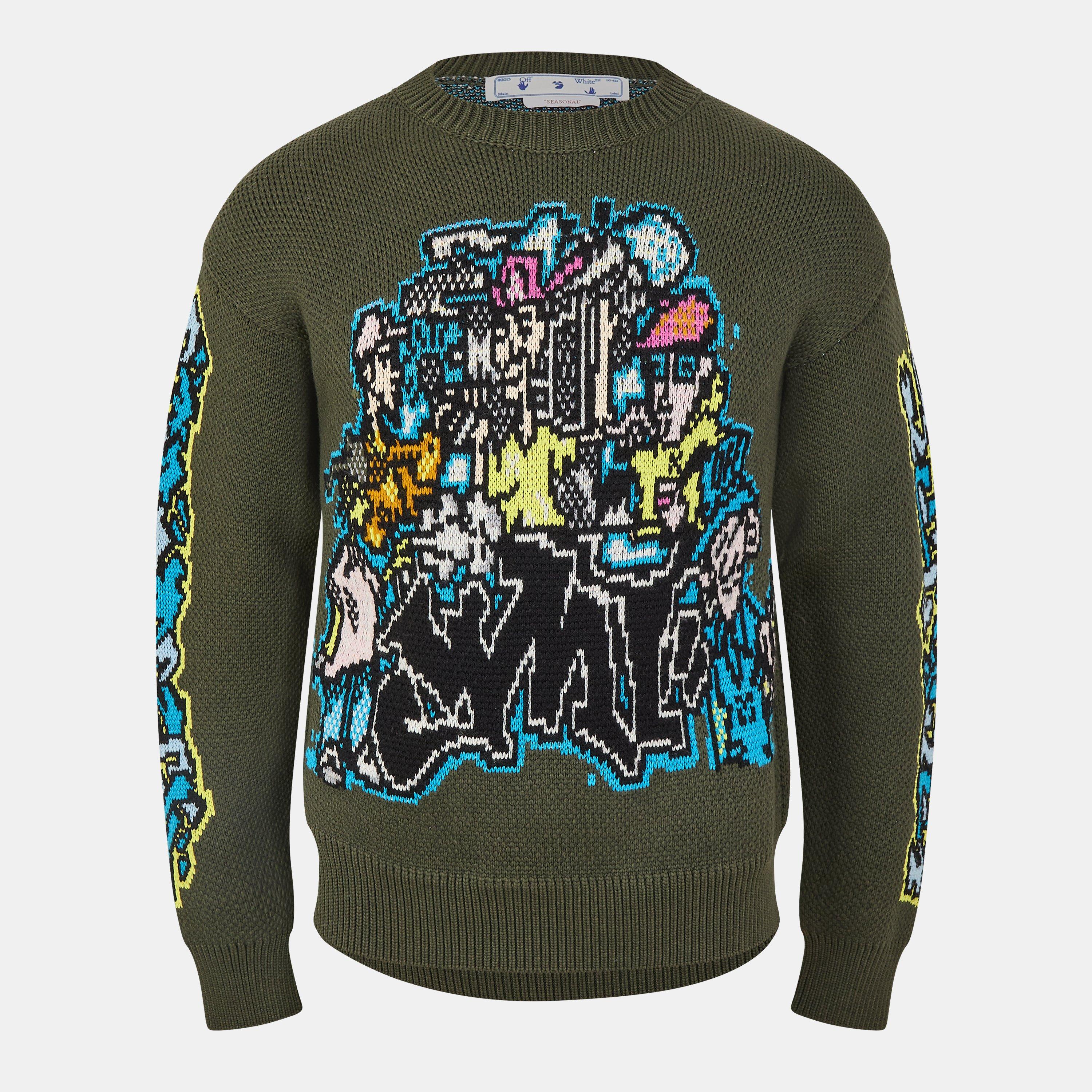 Green - Off White - Men's Chunky Crew Knitted Sweater - 1