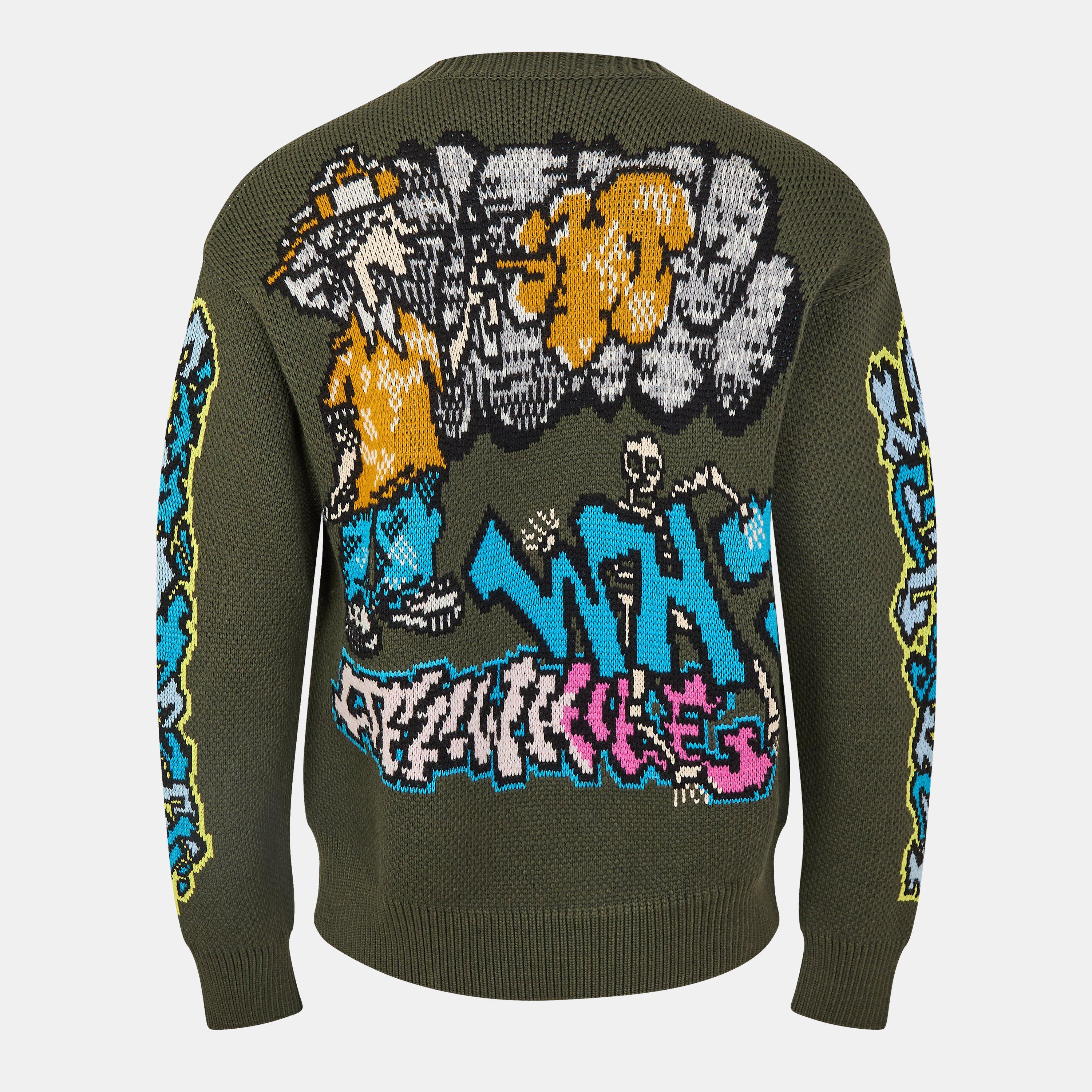 Green - Off White - Men's Chunky Crew Knitted Sweater - 2