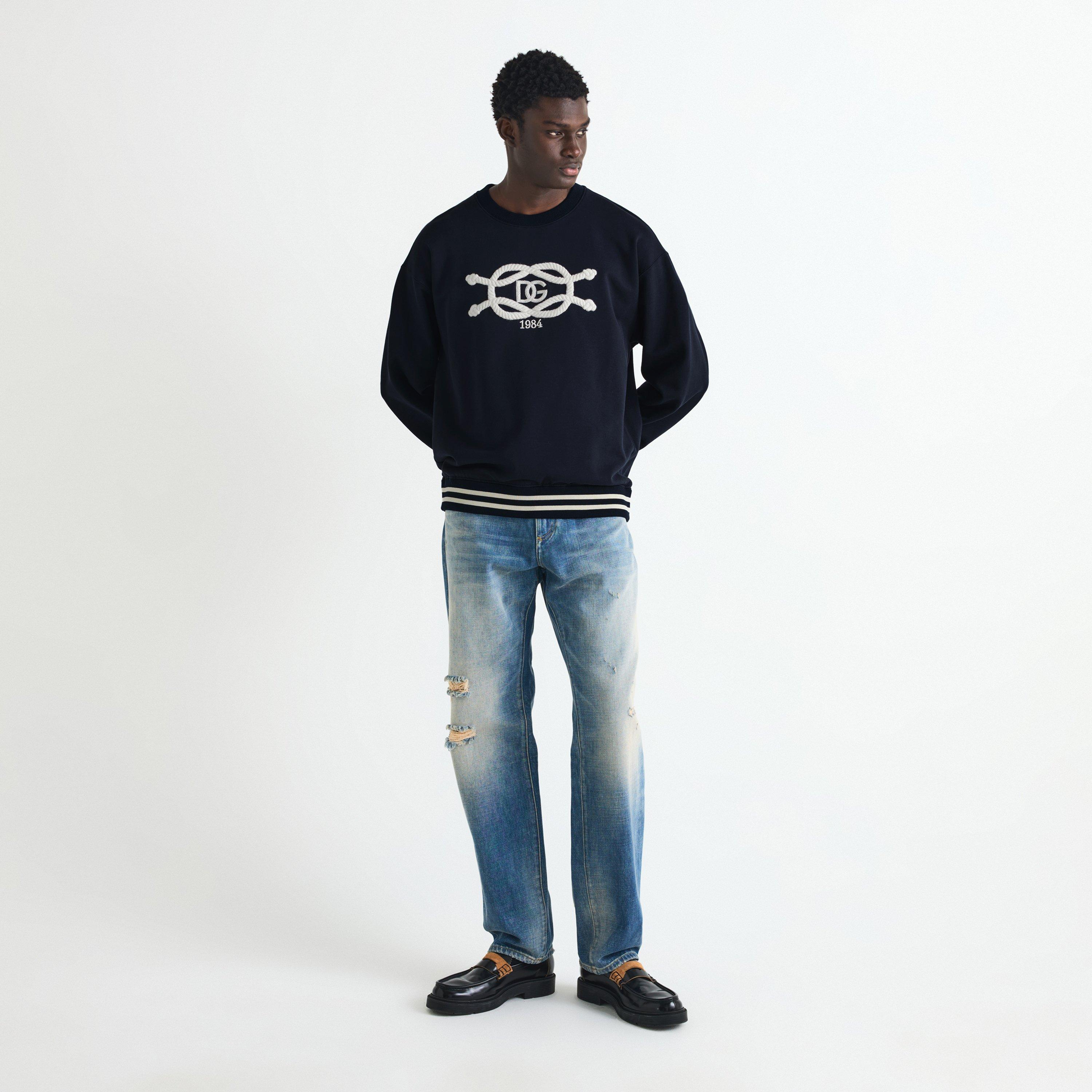 Navy - Dolce and Gabbana - Men's Marina Rope Cotton Crew-Neck Sweatshirt - 6