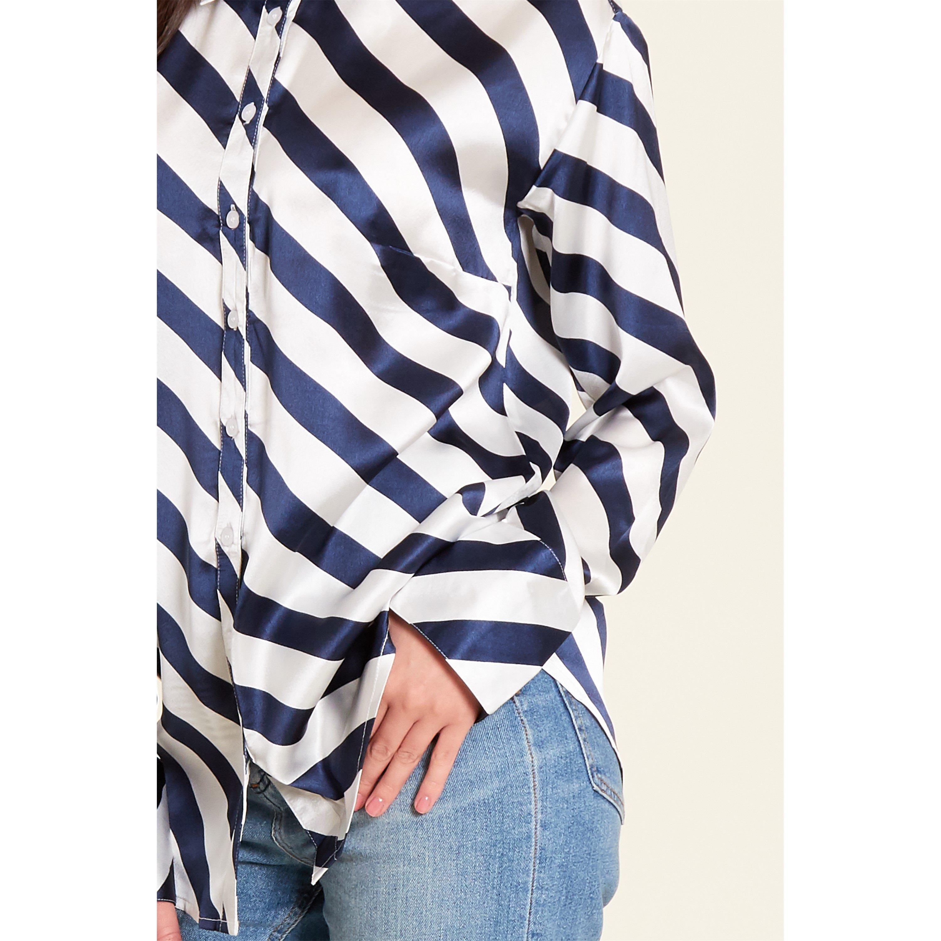 Navy Stripe - Be You - Stripe Satin Long-Sleeve Blouse - 4