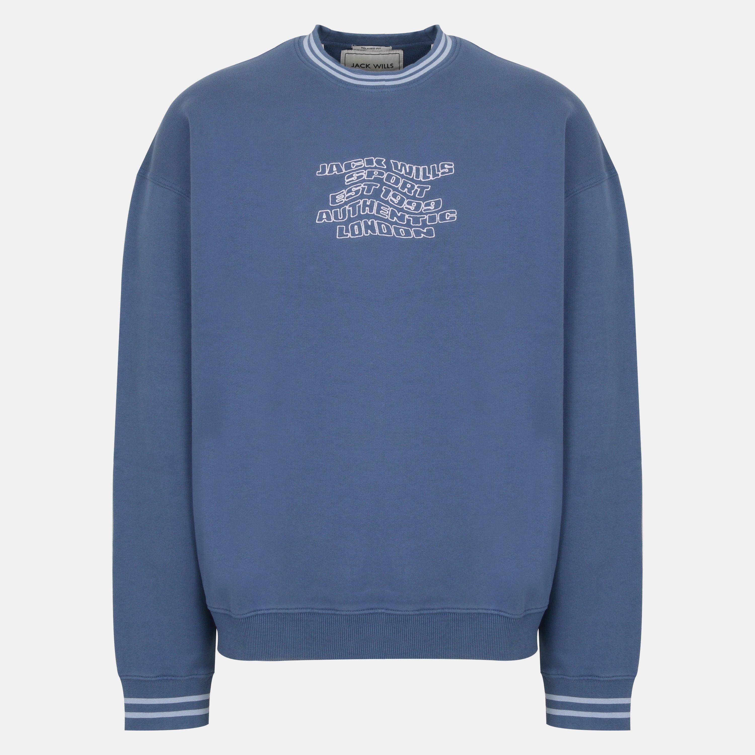 Jack Wills Men's Tipped Graphic Cotton Long Sleeve Oversized Fit Crew Sweatshirt - Steel Blue - 2XL