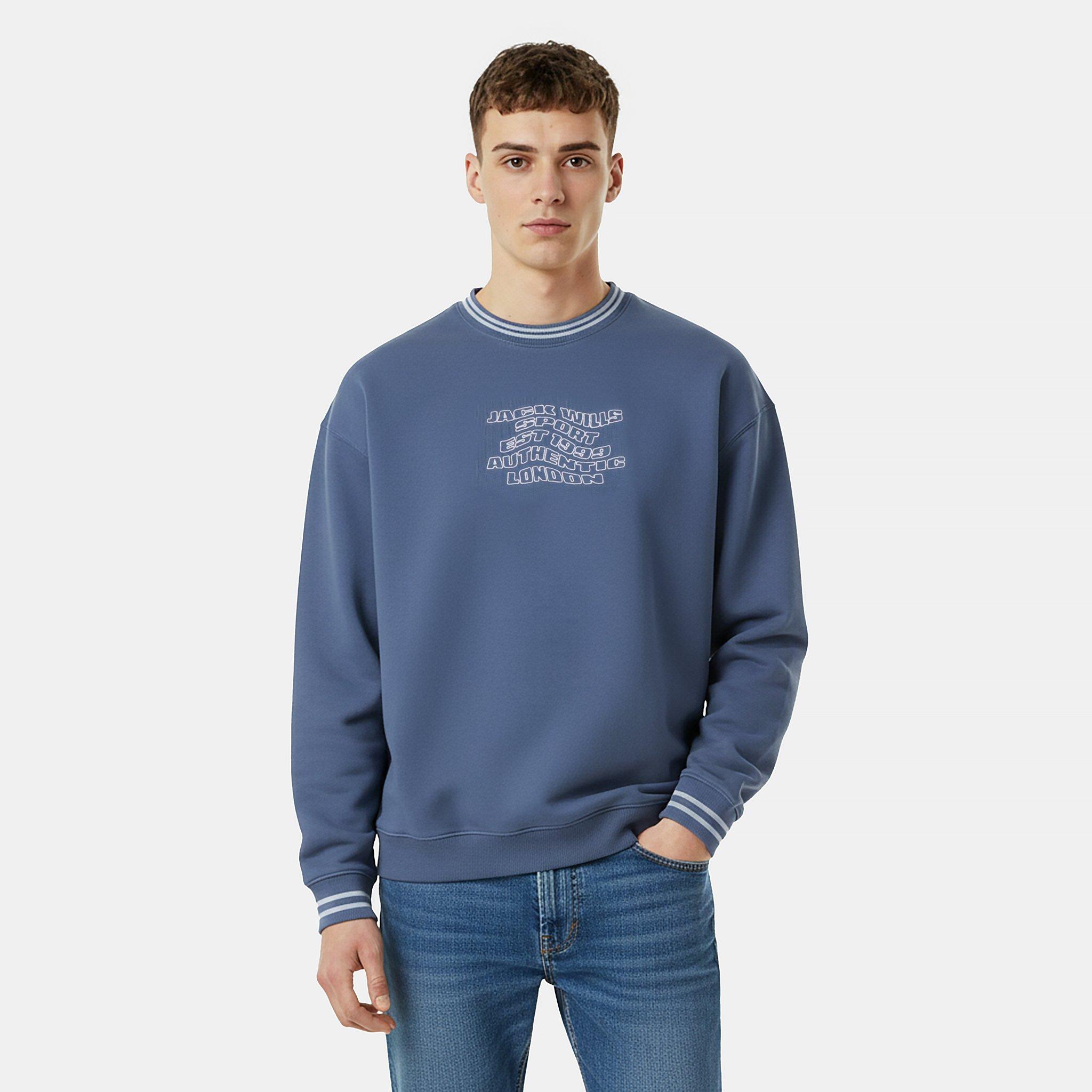 Steel Blue - Jack Wills - Men's Tipped Graphic Cotton Long Sleeve Oversized Fit Crew Sweatshirt - 3