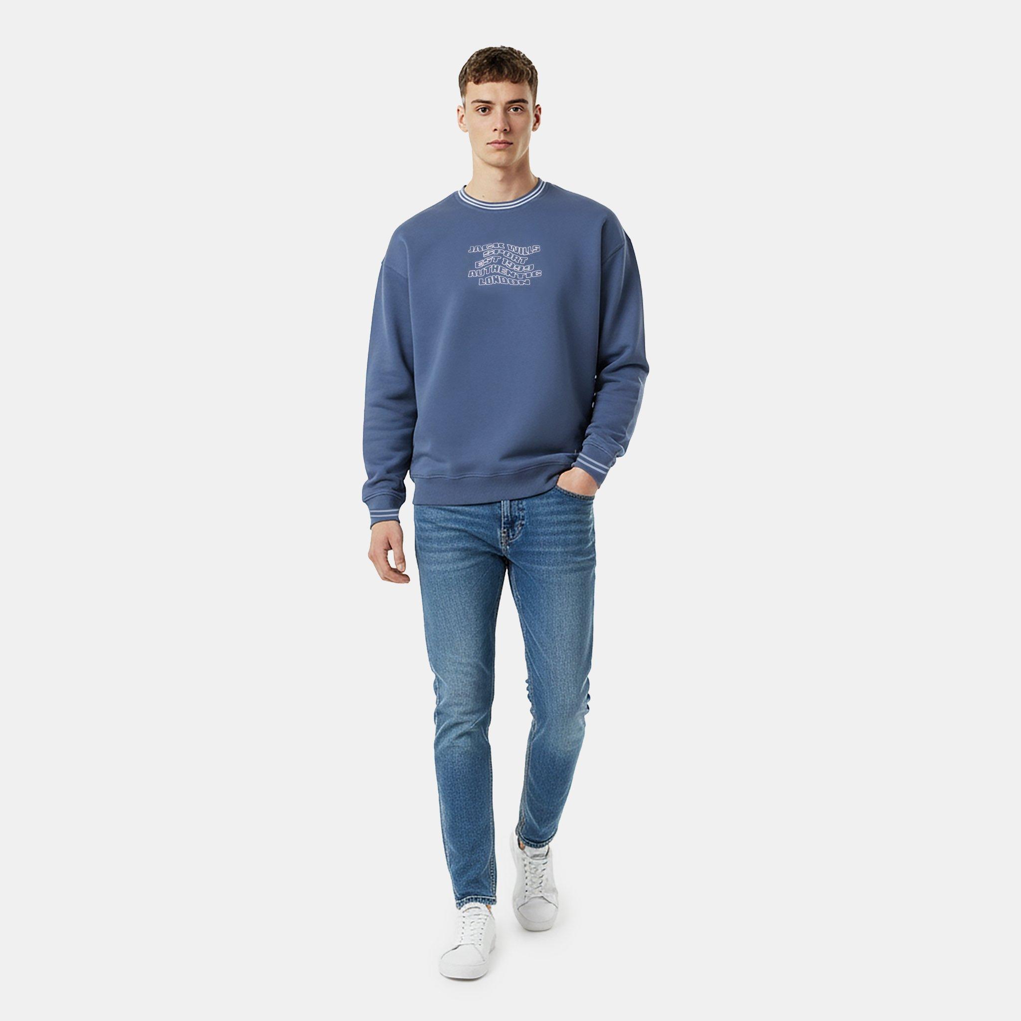 Steel Blue - Jack Wills - Men's Tipped Graphic Cotton Long Sleeve Oversized Fit Crew Sweatshirt - 5
