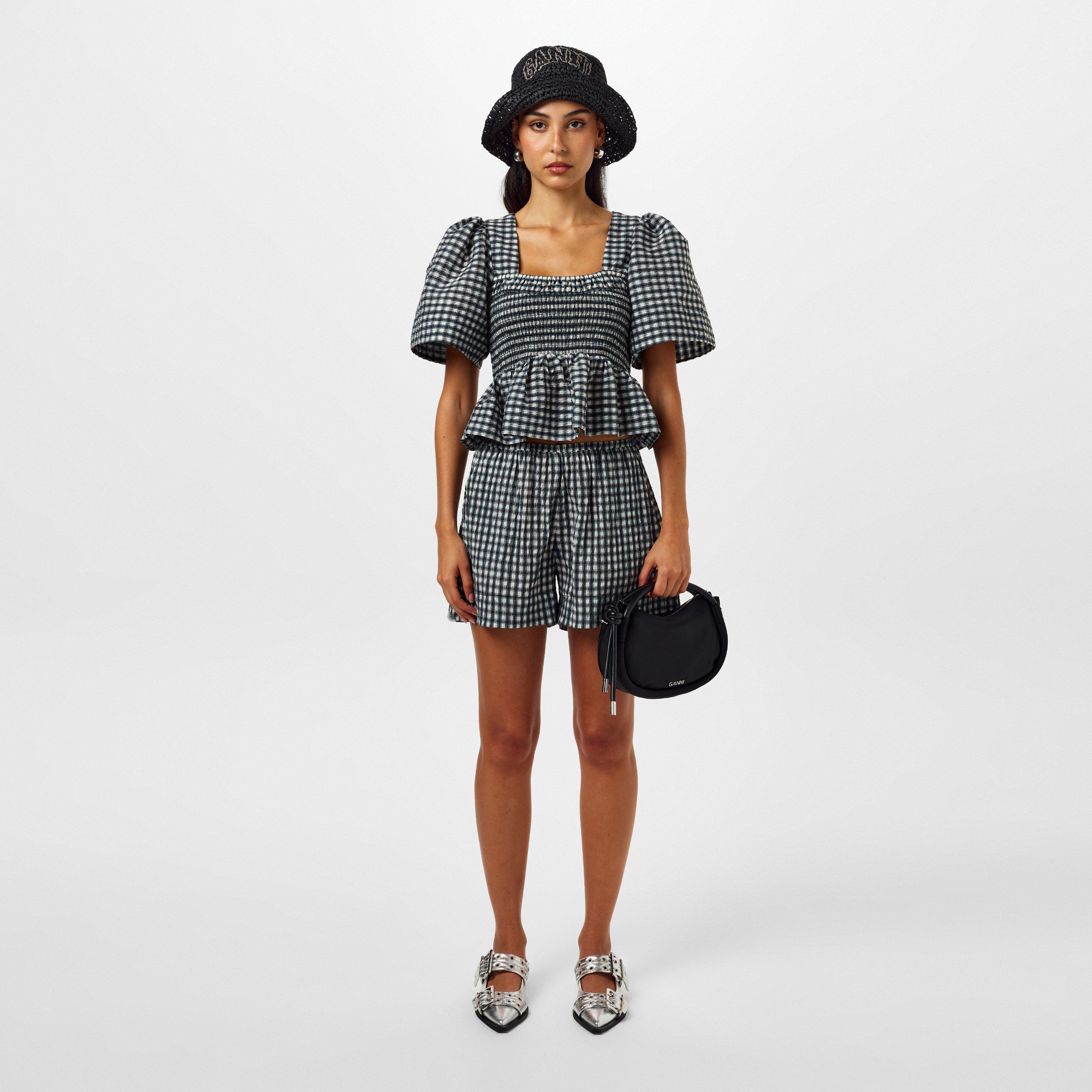 Egret - Ganni - Women's Seersucker Gingham Woven Tracksuit Shorts - 4