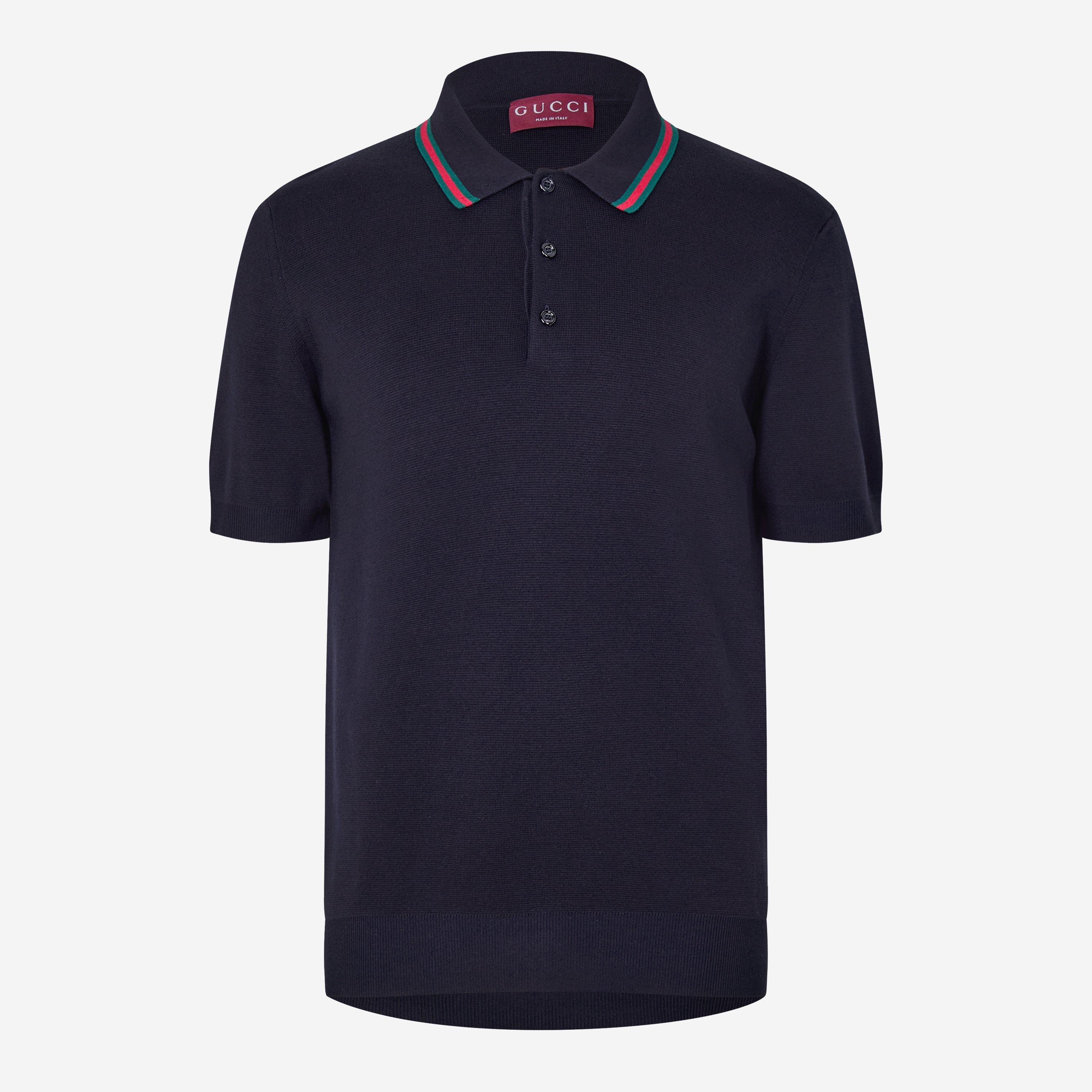 Navy/Green/Red - Gucci - Silk Cotton Polo Shirt With Web - 1