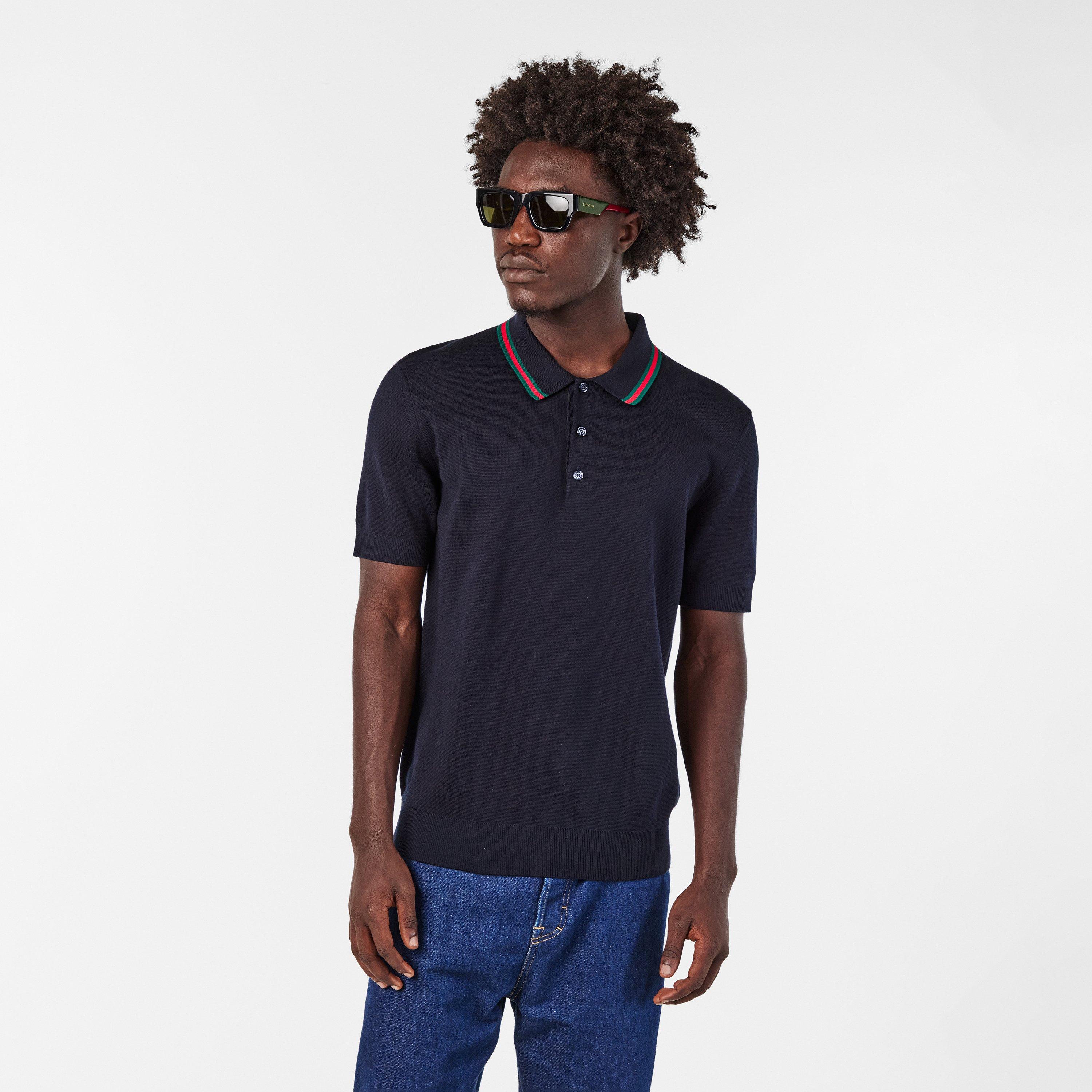 Navy/Green/Red - Gucci - Silk Cotton Polo Shirt With Web - 3