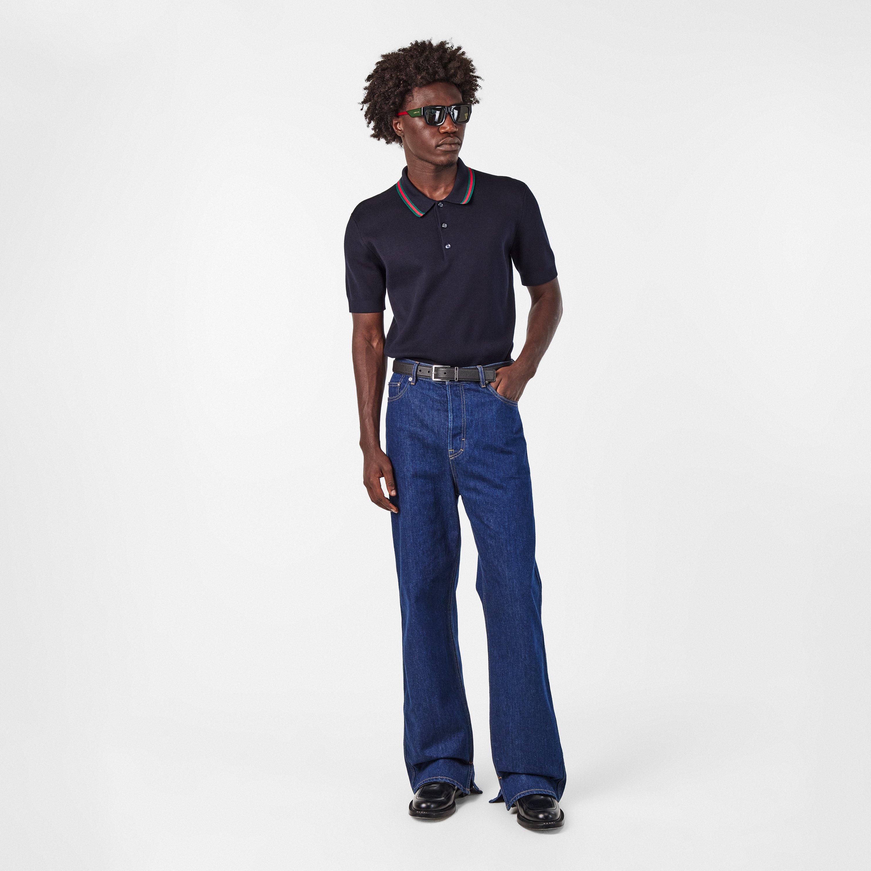 Navy/Green/Red - Gucci - Silk Cotton Polo Shirt With Web - 6