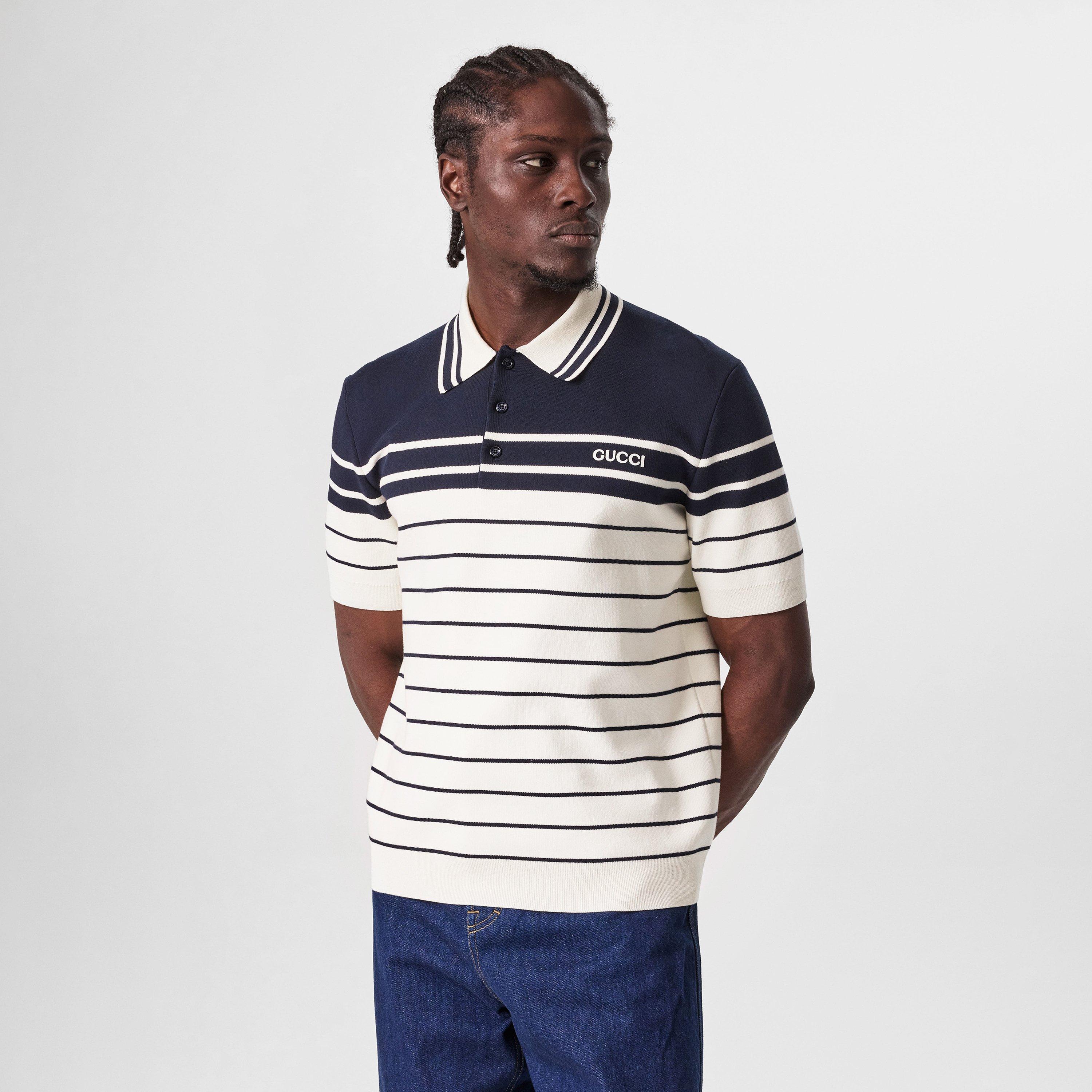 White/Navy/Mc - Gucci - Cotton Polo Shirt With Embroidery - 3