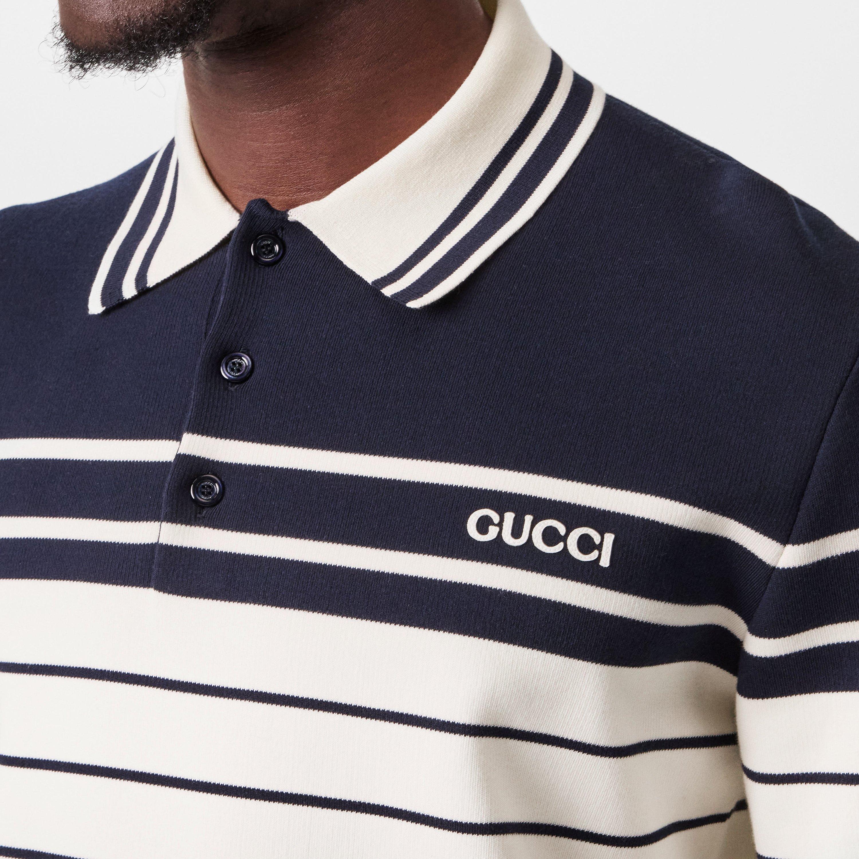 White/Navy/Mc - Gucci - Cotton Polo Shirt With Embroidery - 5