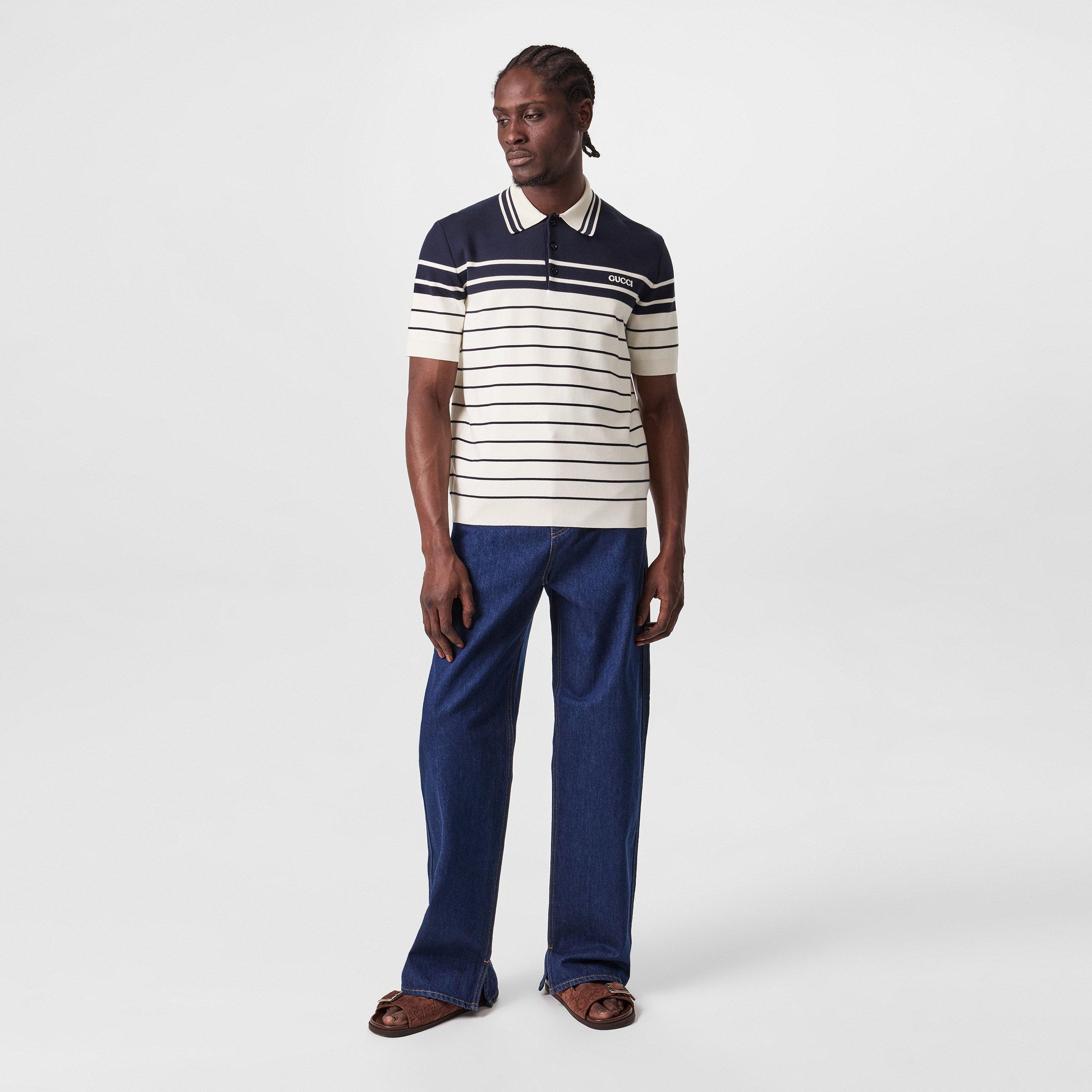 White/Navy/Mc - Gucci - Cotton Polo Shirt With Embroidery - 6