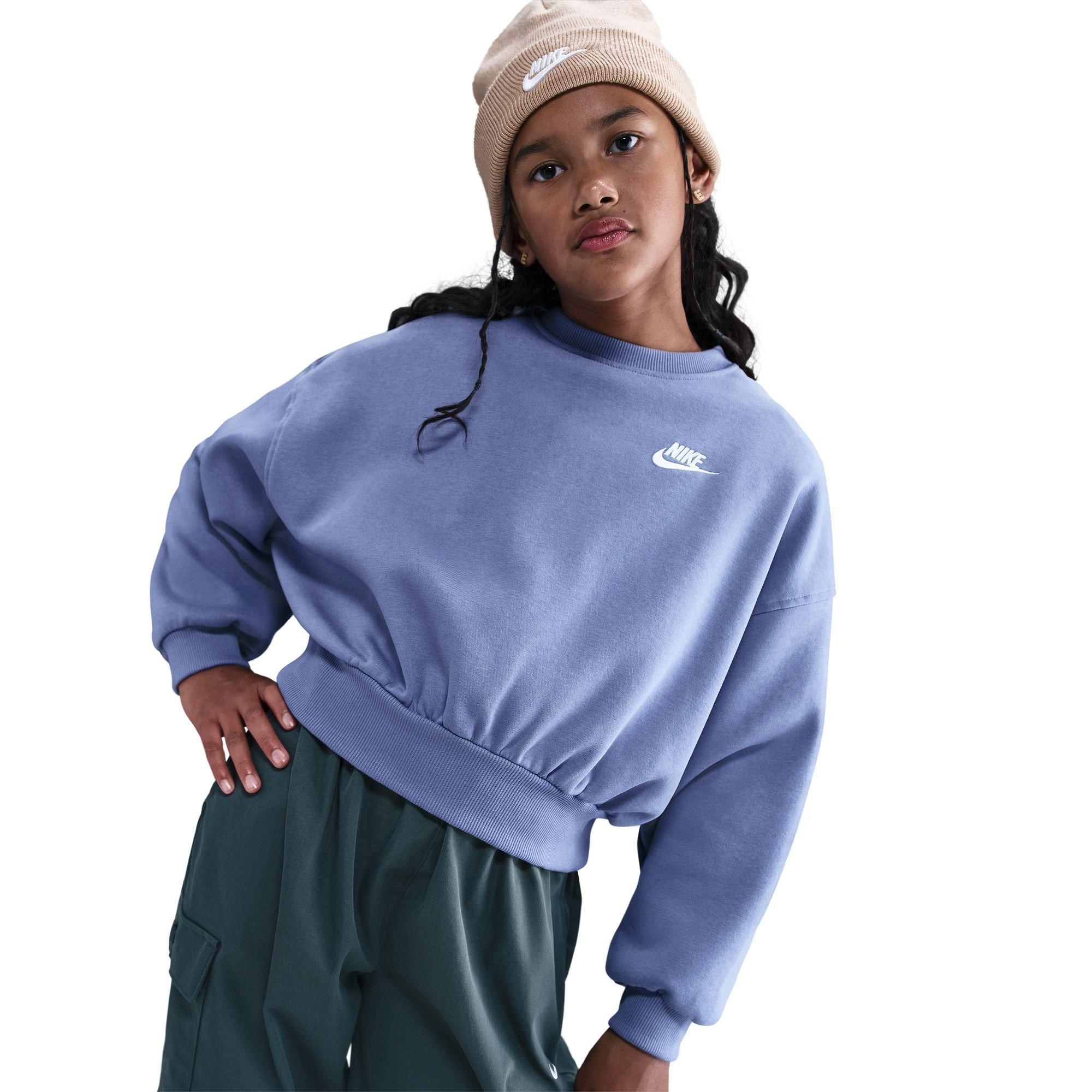 Nike Girls Sportswear Club Fleece Big Kids' (S') Boxy Crewneck Sweatshirt - Indigo - 11-12 (L)