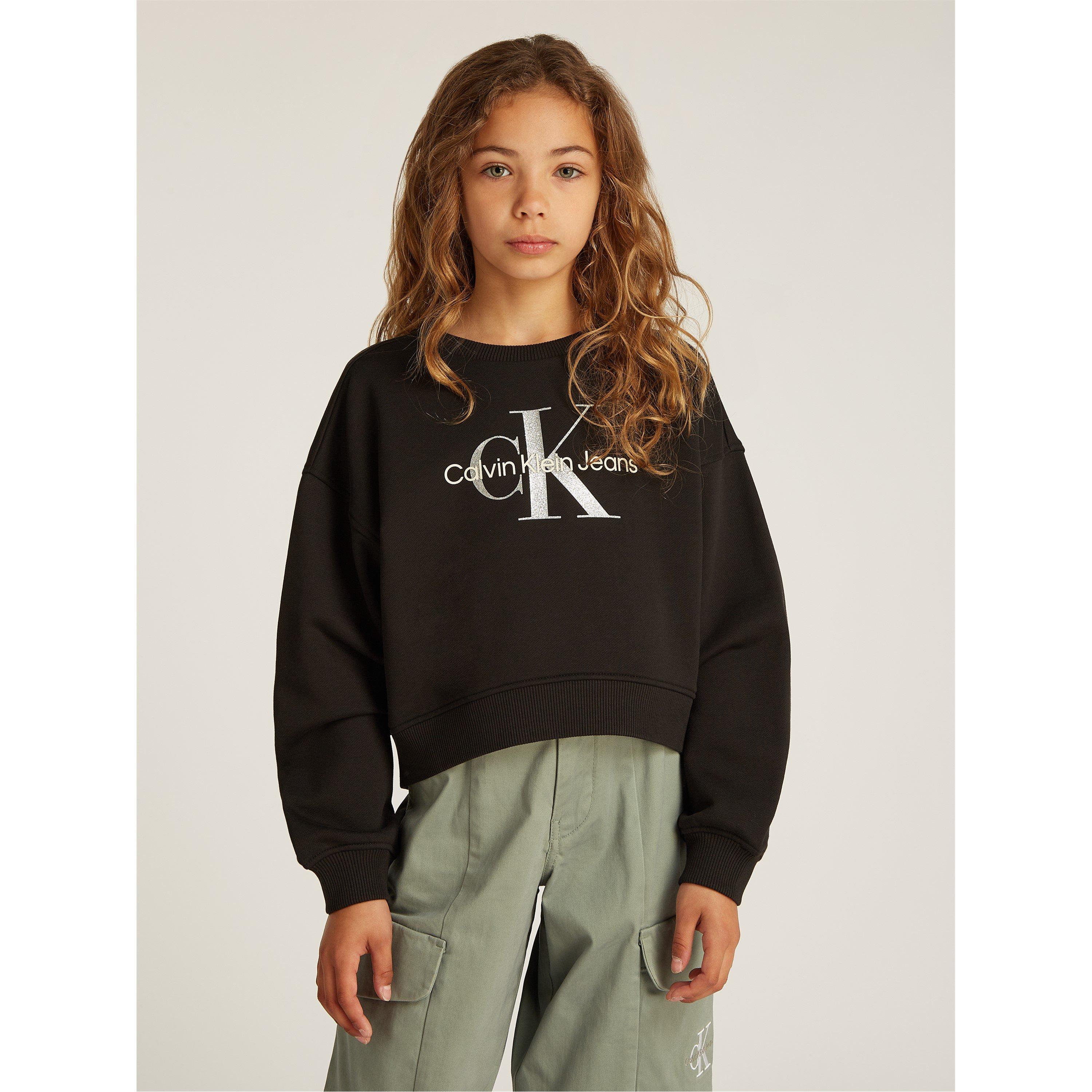 Calvin Klein Jeans Girls Kids' Glitter Monologo Cotton Crew Sweatshirt - Ck Black Beh - 6Y
