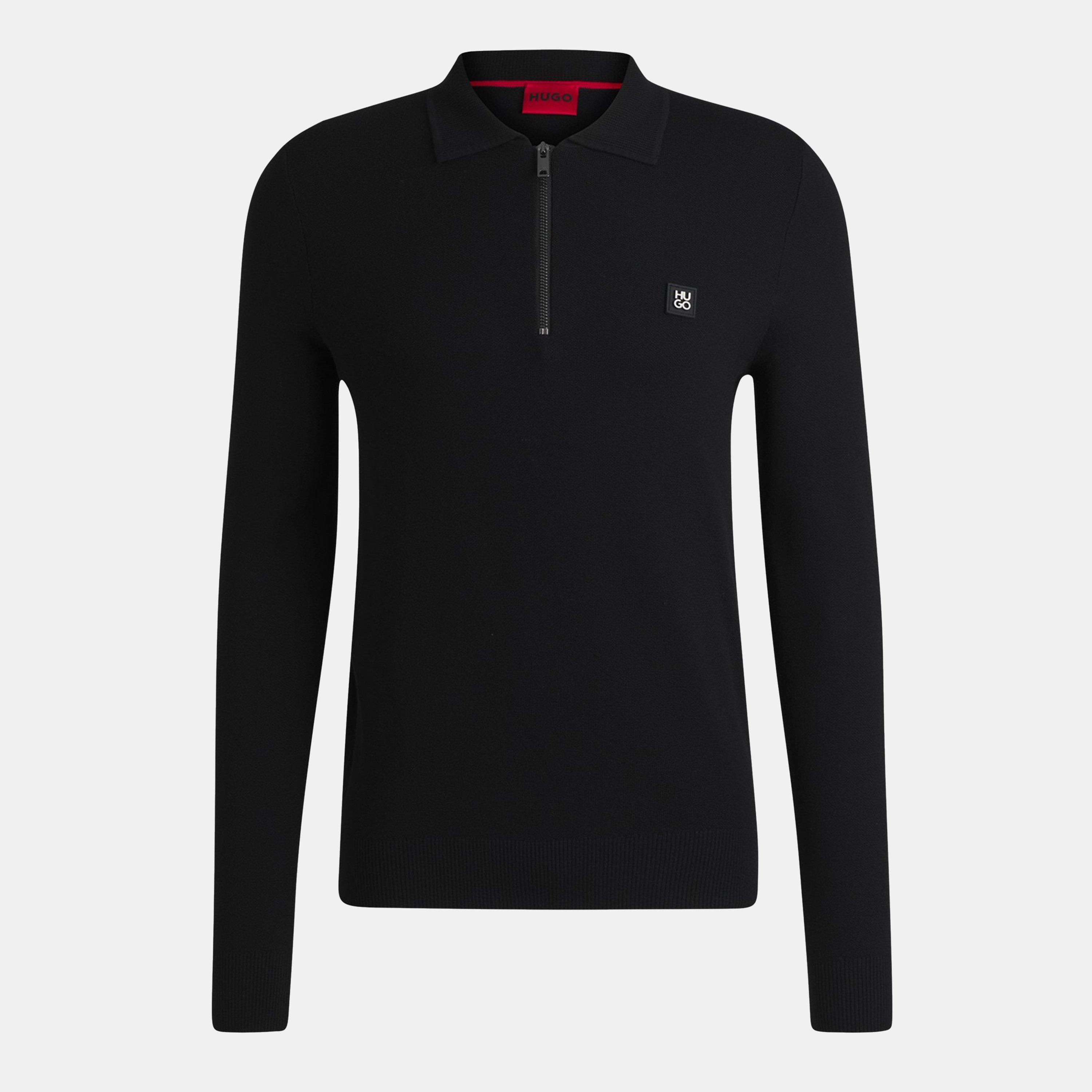 Hugo Mens HUGO Sastone Long Sleeve Knit Polo Shirt - Slim Fit - Black 001 - M