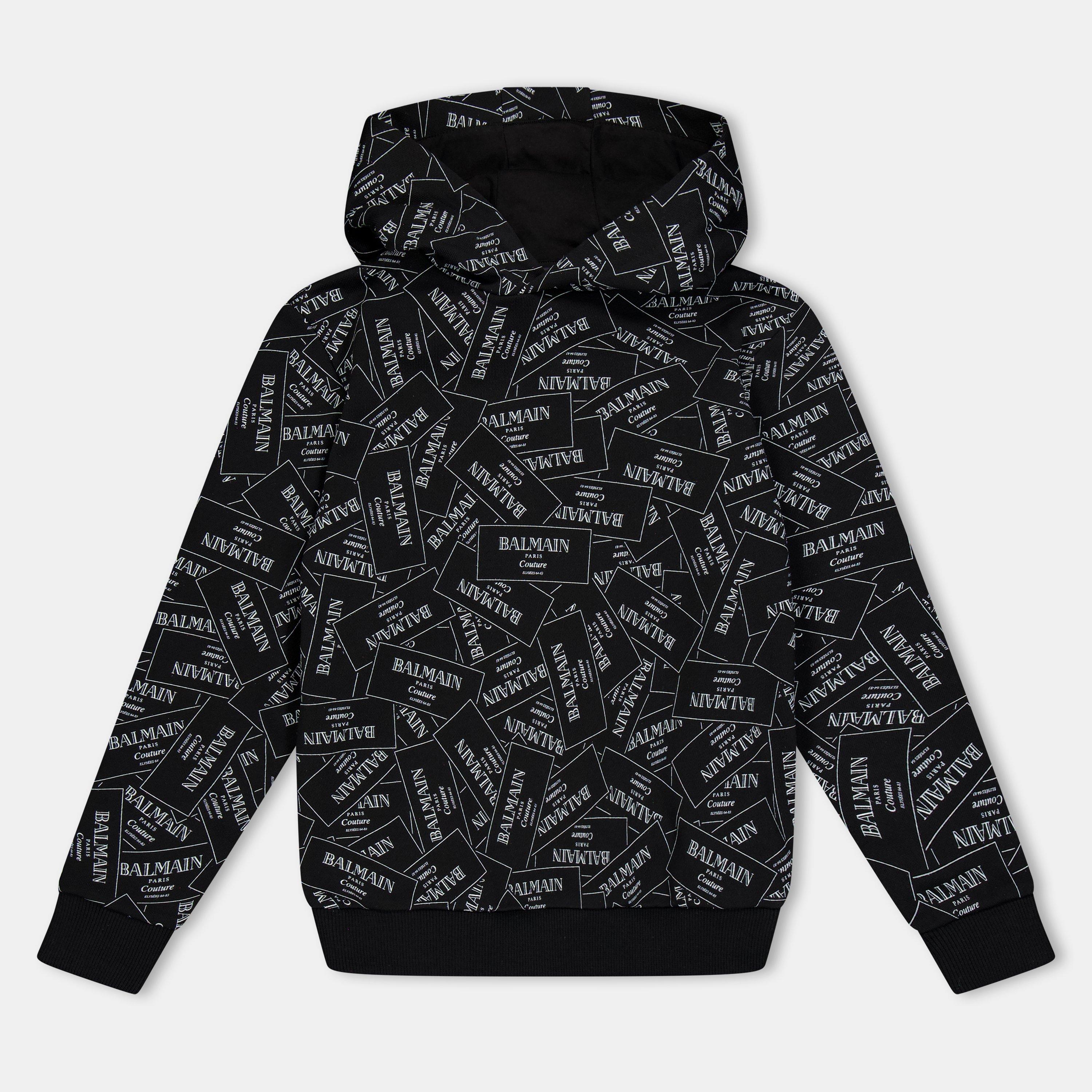 Balmain  Kids' All Print Logo Pull Over Hoodie - Black 930BC - Size 12Y