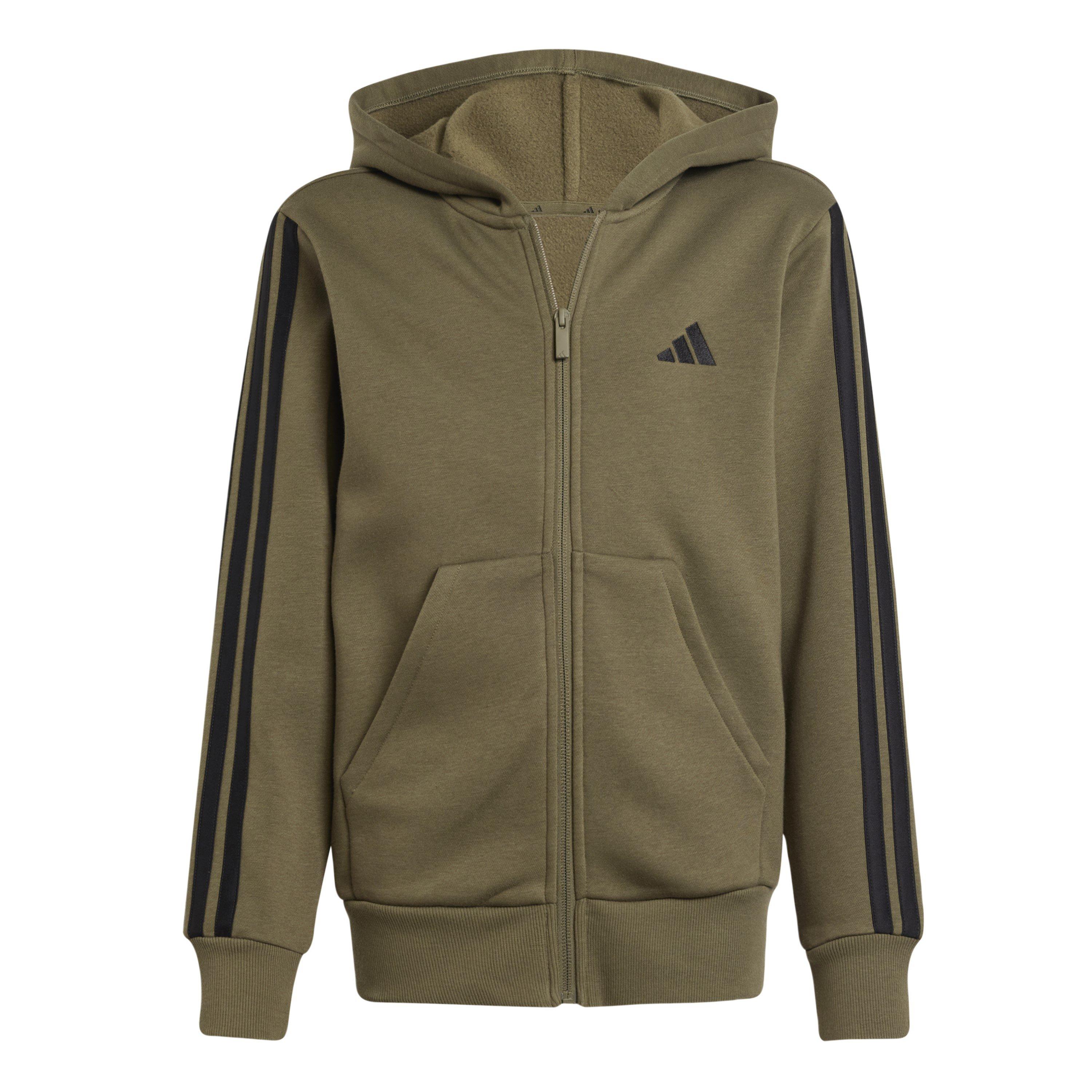 Adidas Boys 3-Stripe Essentials Full-Zip Hoodie Juniors - Khaki/Black - 9-10 Years
