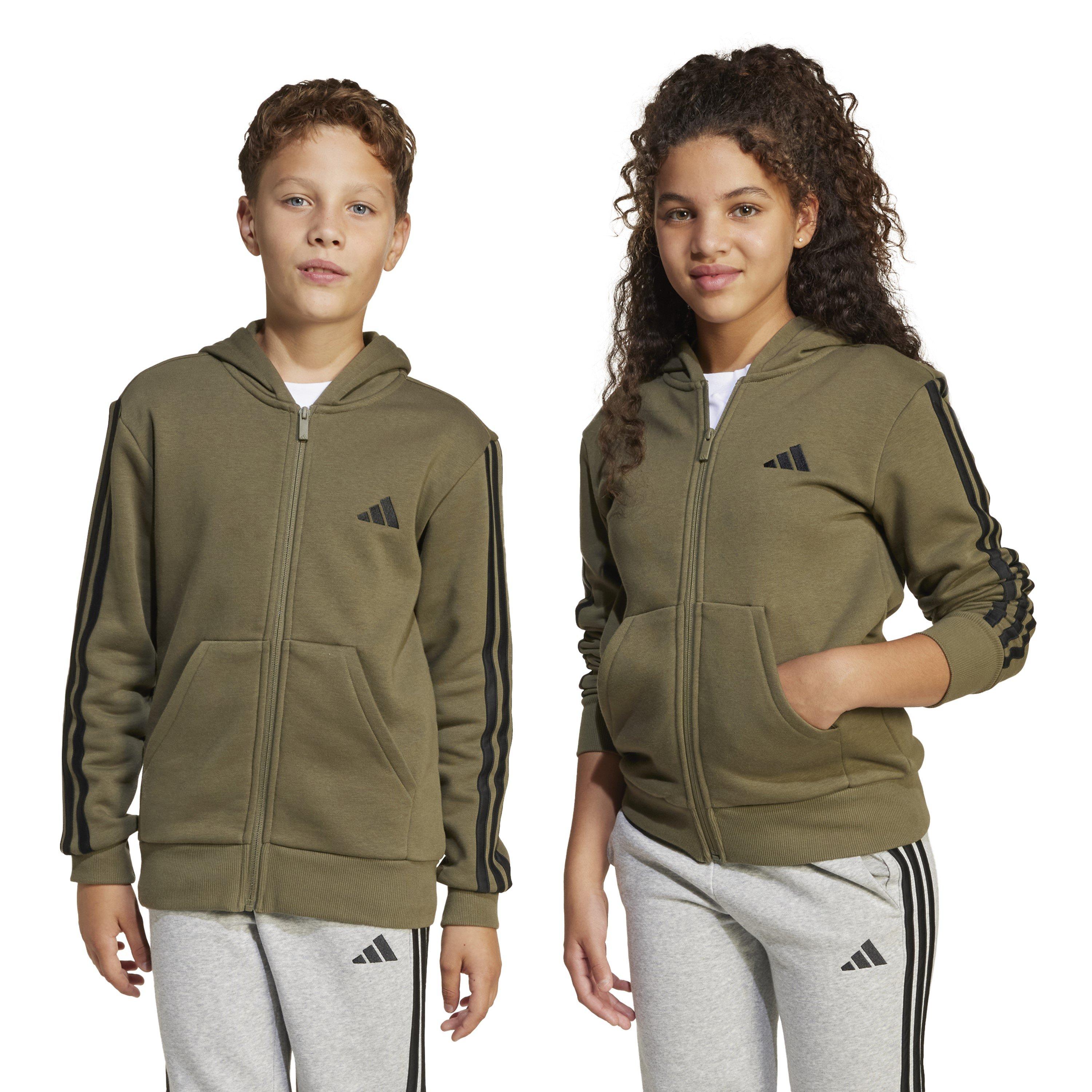 Khaki/Black - adidas - 3-Stripe Essentials Full-Zip Hoodie Juniors - 3