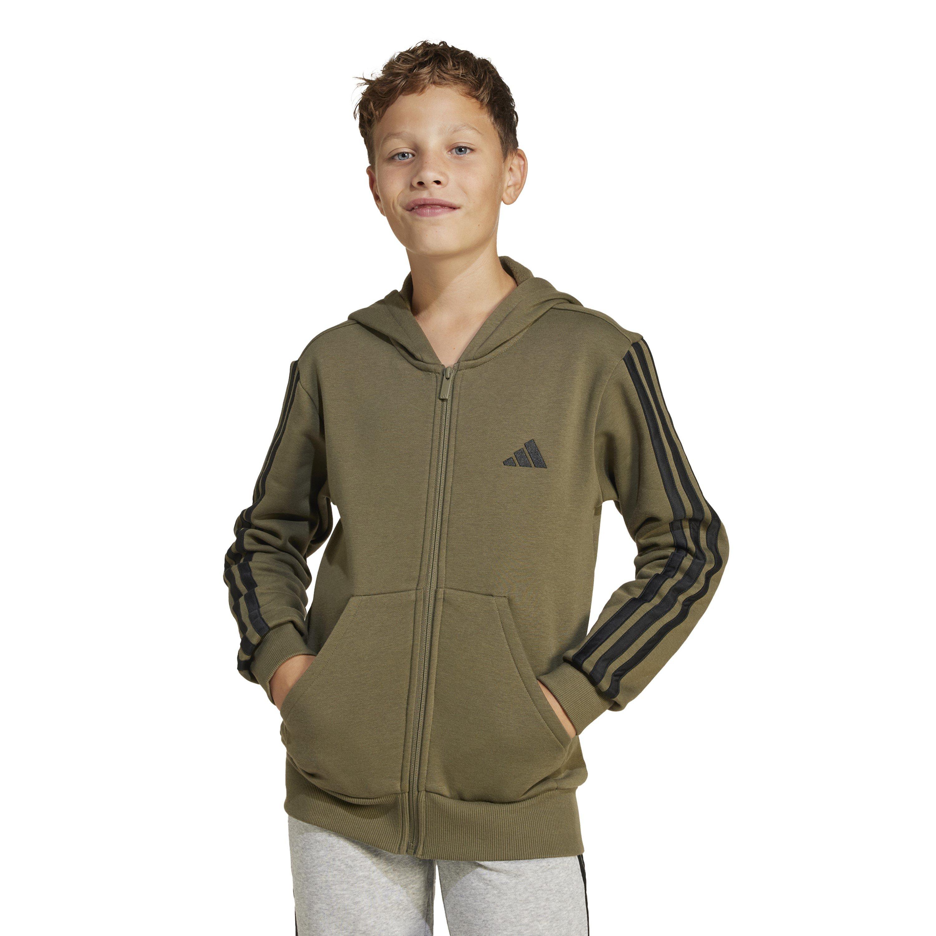 Khaki/Black - adidas - 3-Stripe Essentials Full-Zip Hoodie Juniors - 5