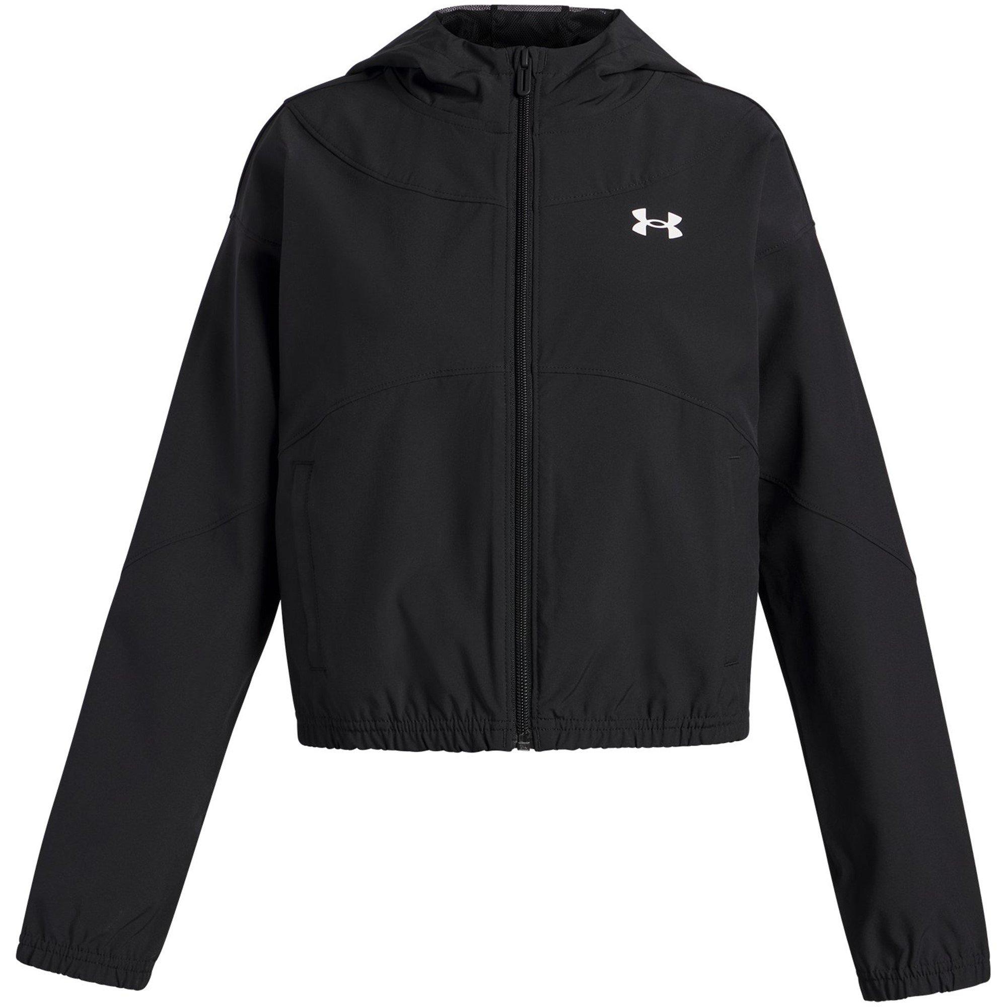 Under Armour Girls Kids' Woven Pull Over Hoodie - Black/White - 13 (XL)