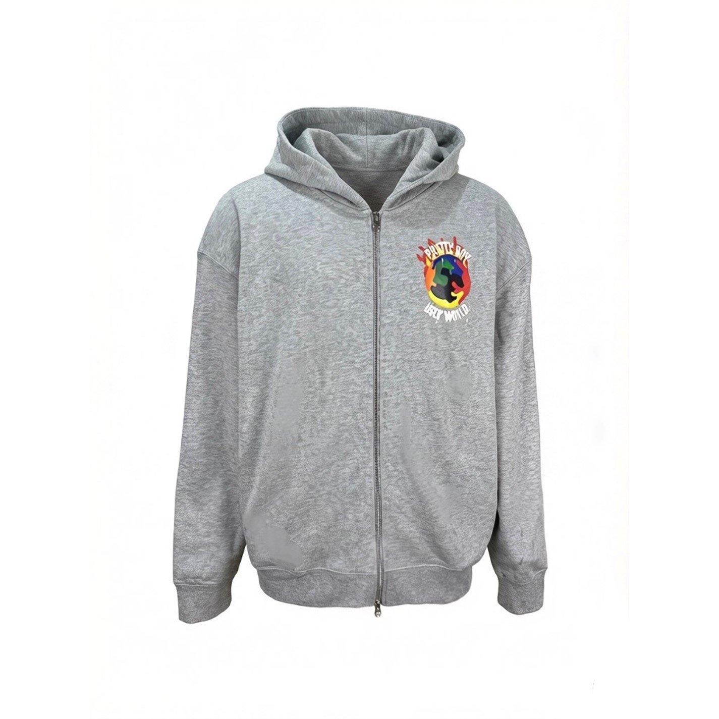 Grey - Pretty Boy Ugly World - The Pretty Boy Ugly World Cotton Long Sleeve Zip Overhead Hoodie Mens - 1