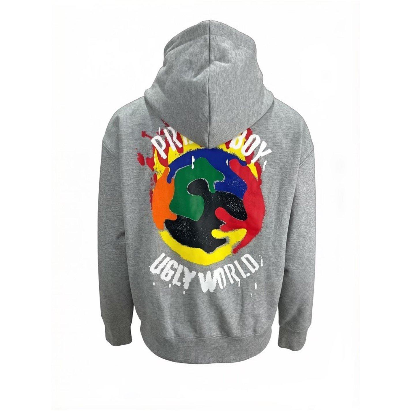 Grey - Pretty Boy Ugly World - The Pretty Boy Ugly World Cotton Long Sleeve Zip Overhead Hoodie Mens - 2