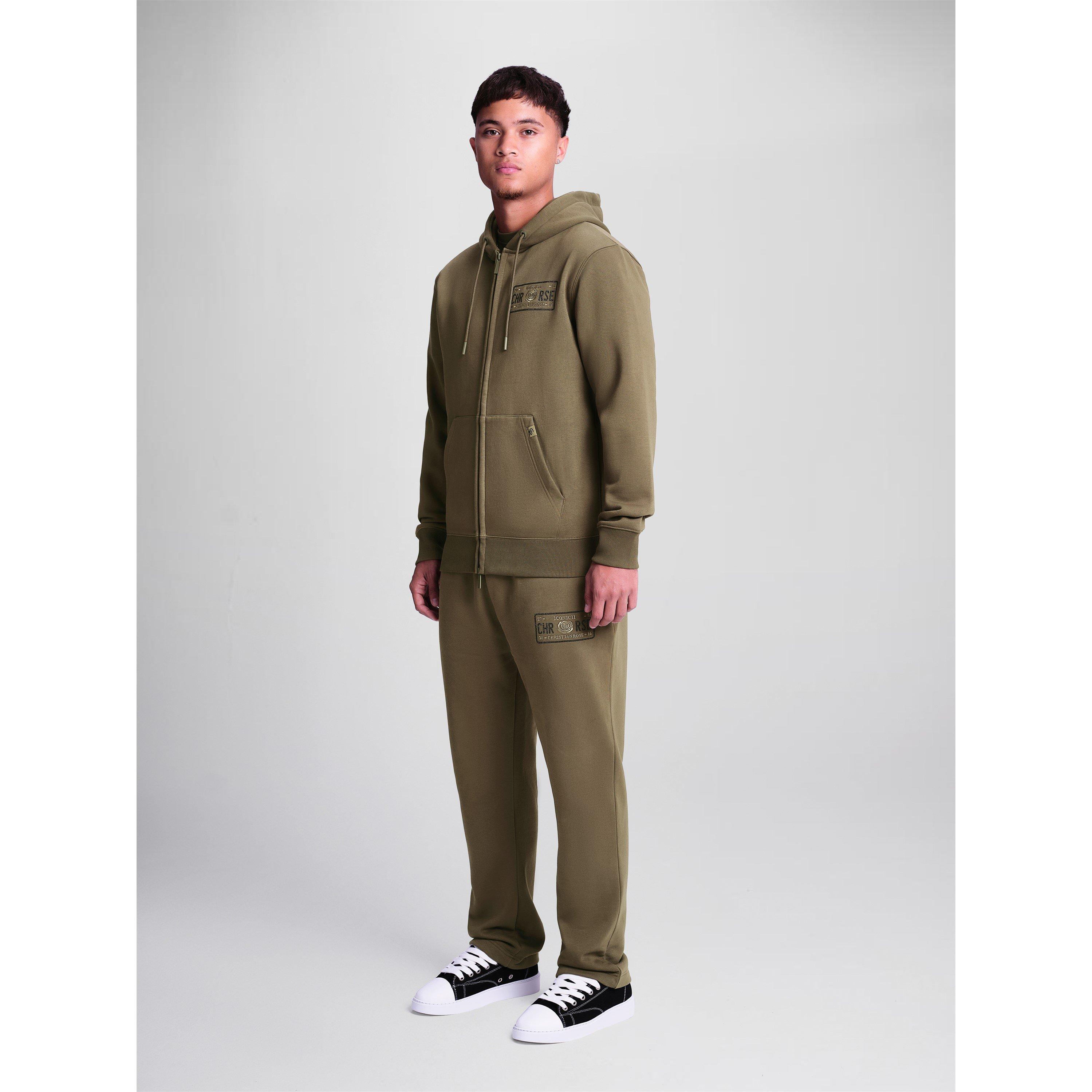 Olive - Christian Rose - Men's Left Chest Rhinestone Plate Zip Hoodie - 3